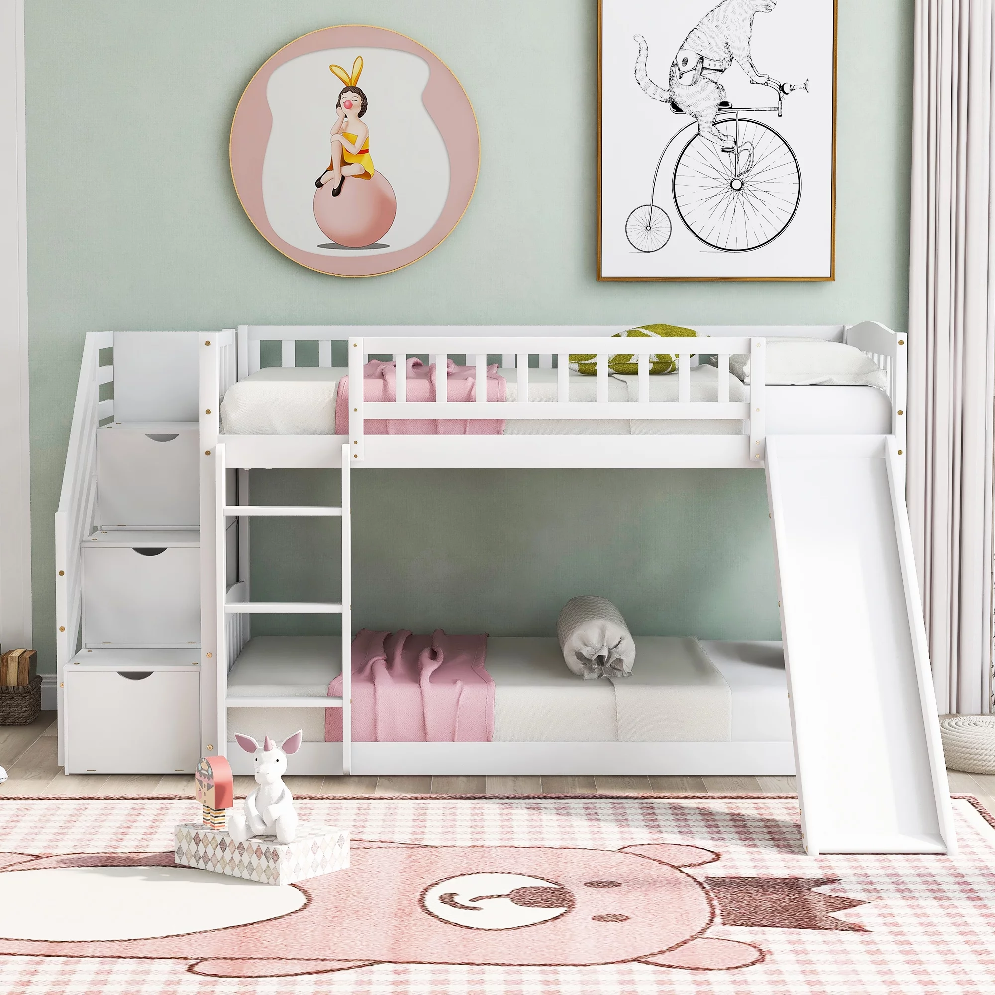 Bellemave Kids Twin Bunk Bed Frame with Slide, Twin over Twin Low Bunk Bed with Stairs and Storage Drawers, Wood Bunk Bed With Slide For Toddlers, Kids, Teens (White)