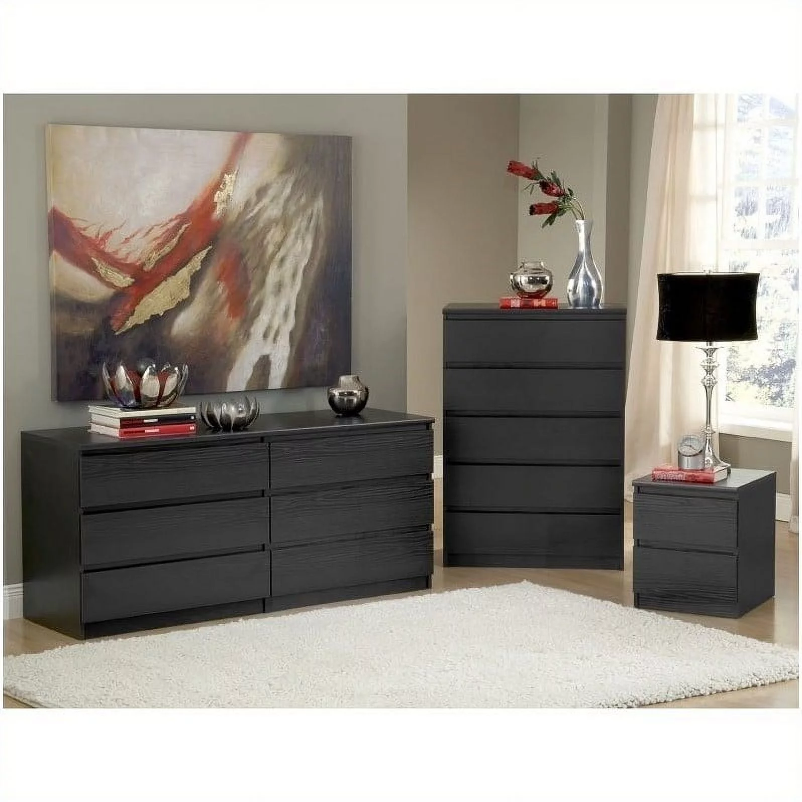 Scottsdale 3 Piece Set Nightstand and Dressers in Black Woodgrain