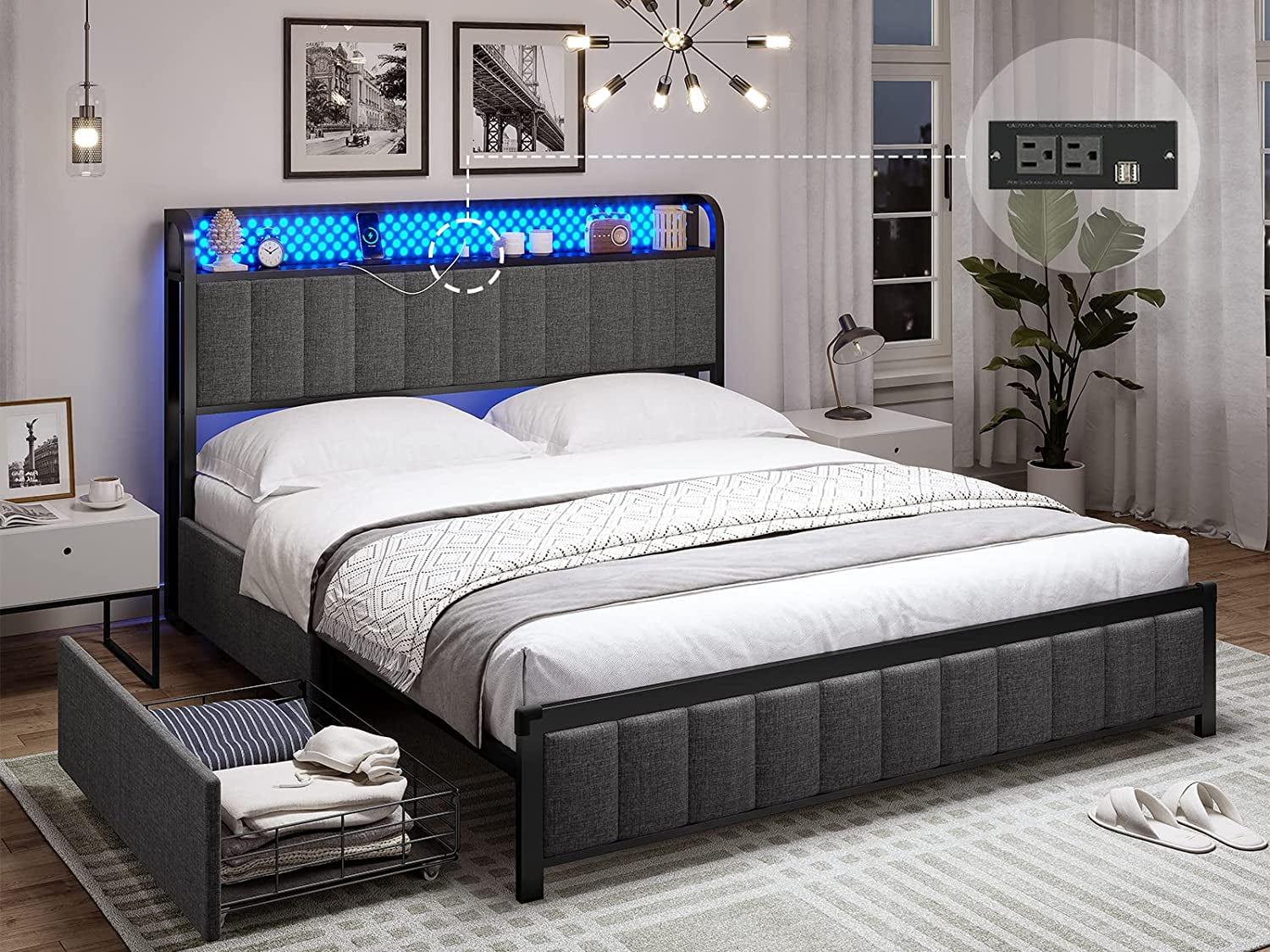 ADORNEVE Full Bed Frame with LED Headboard and 4 Drawers, Upholstered Metal Platform Bed with USB Ports & Charging Outlets, Verticle Channel Tufting, Dark Gray