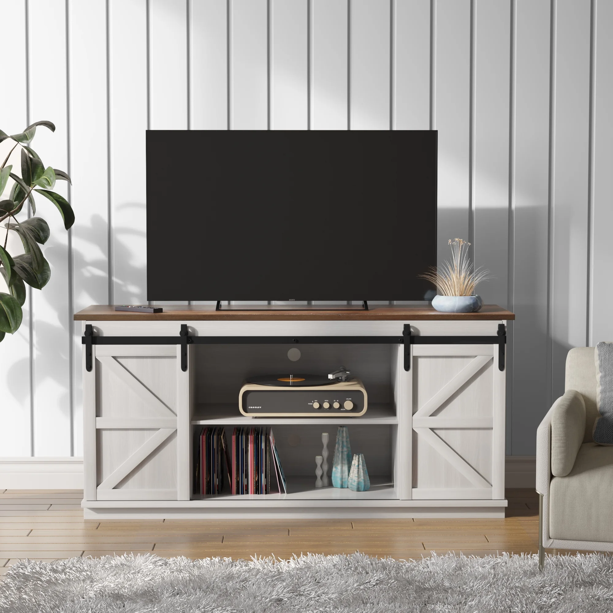 Furmax Modern Farmhouse Barn Door TV Stand for TVs up to 65