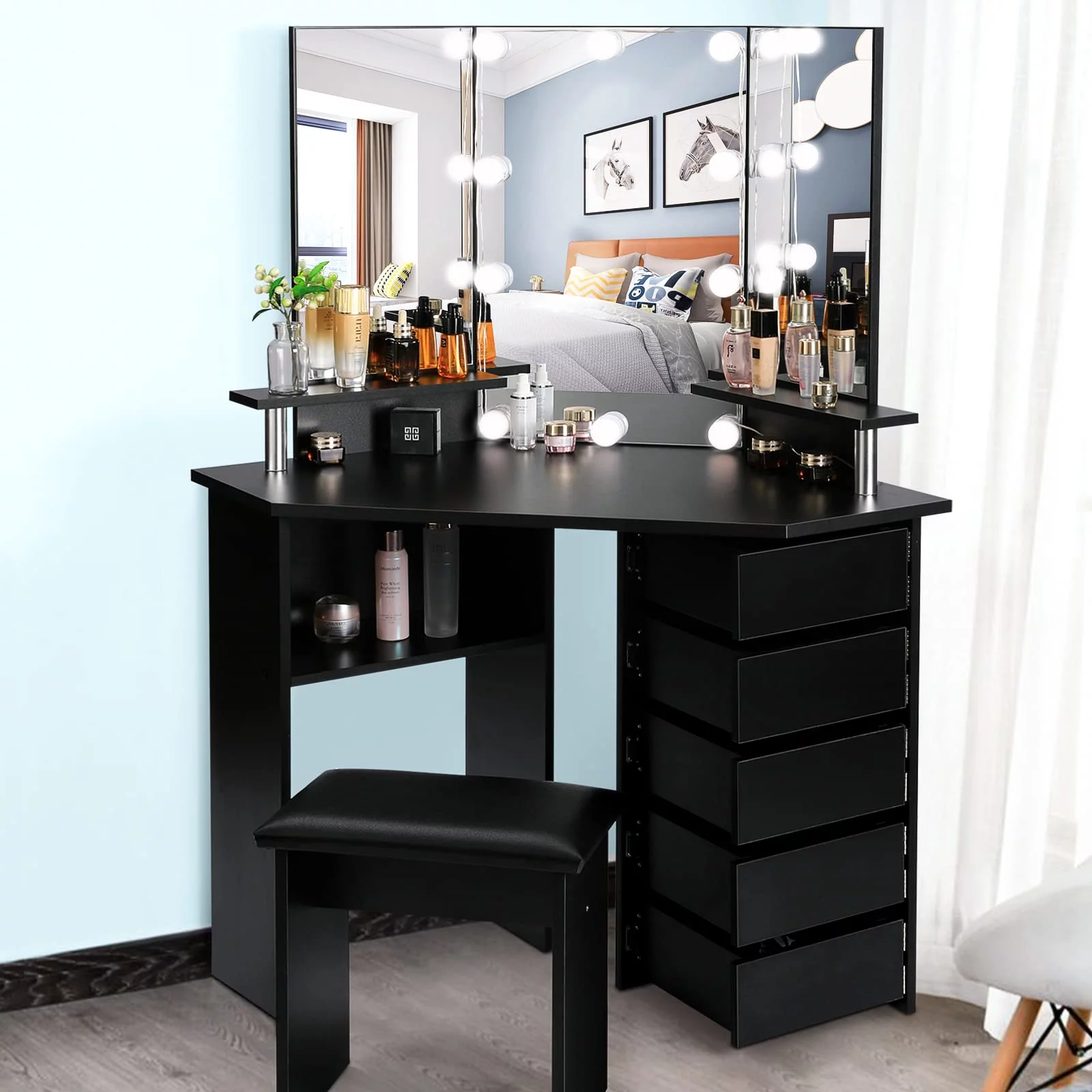 Makeup Vanity Desk with Mirror and Lights Adjustable Brightness 3 Color Modes for Bedroom Black