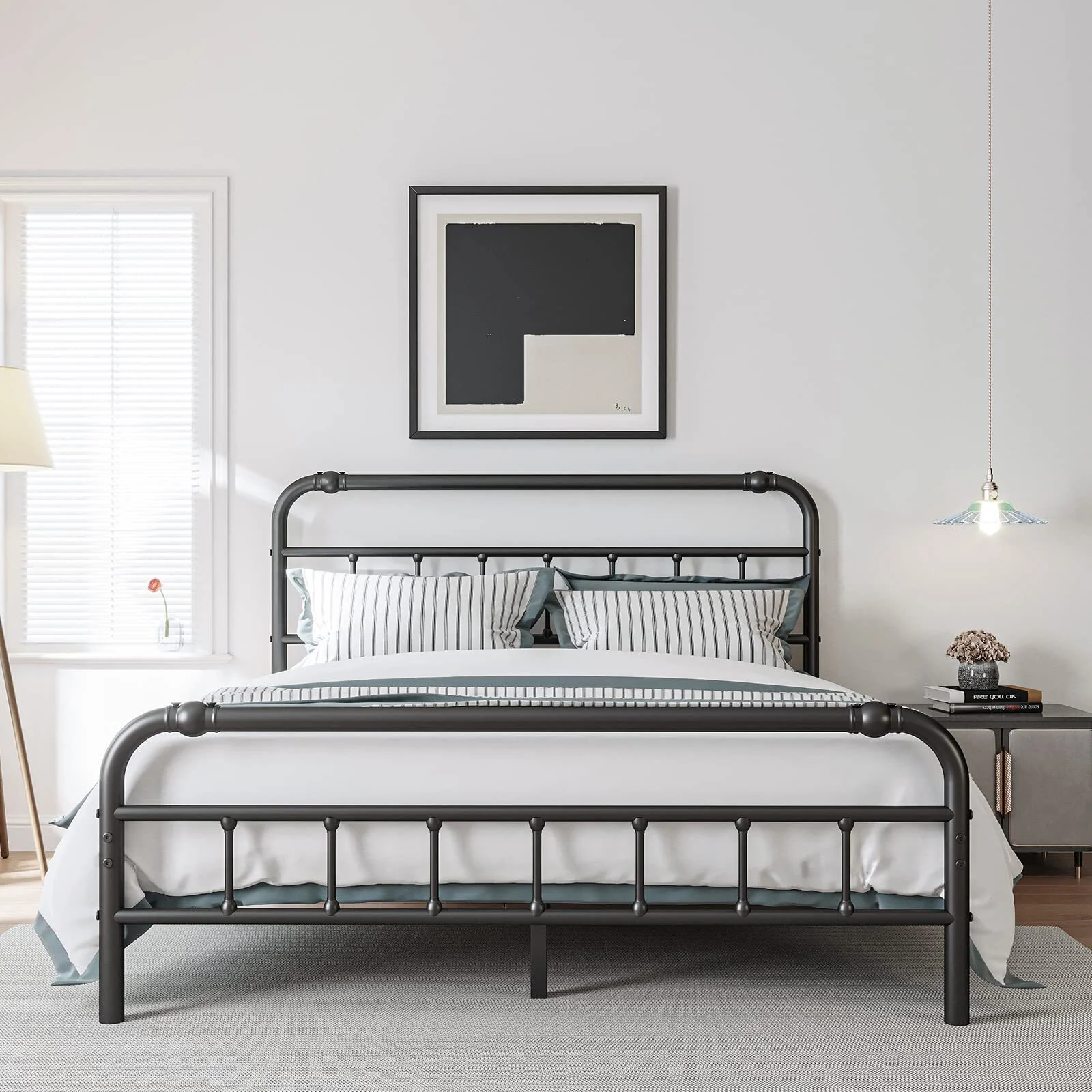 QFTIME Queen Bed Frame with Headboard, Heavy-Duty Metal Platform Bed Frame with 18