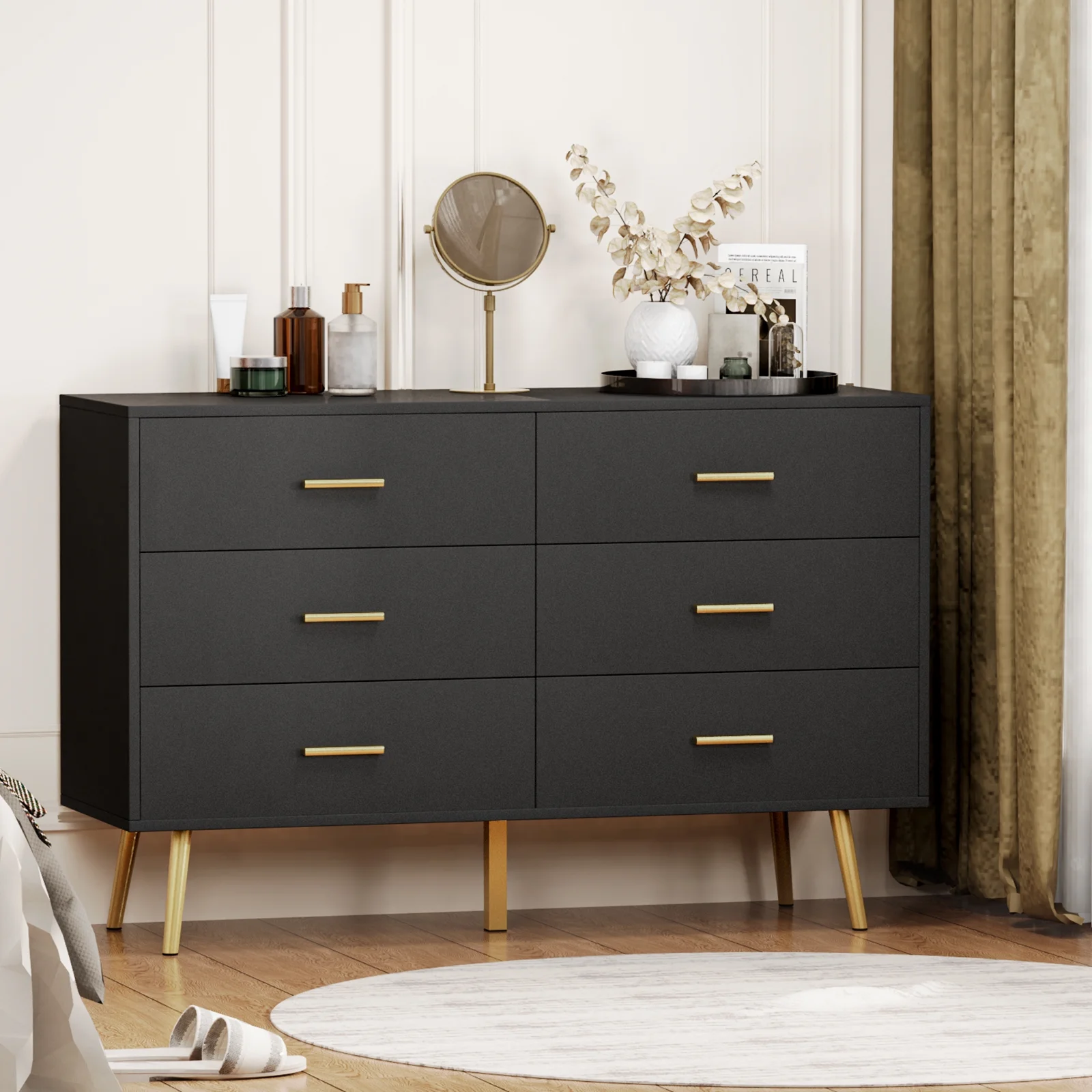REHOOPEX Black Dresser for Bedroom, Wood Dressers & Colthes Chests of 6 Drawers for Home