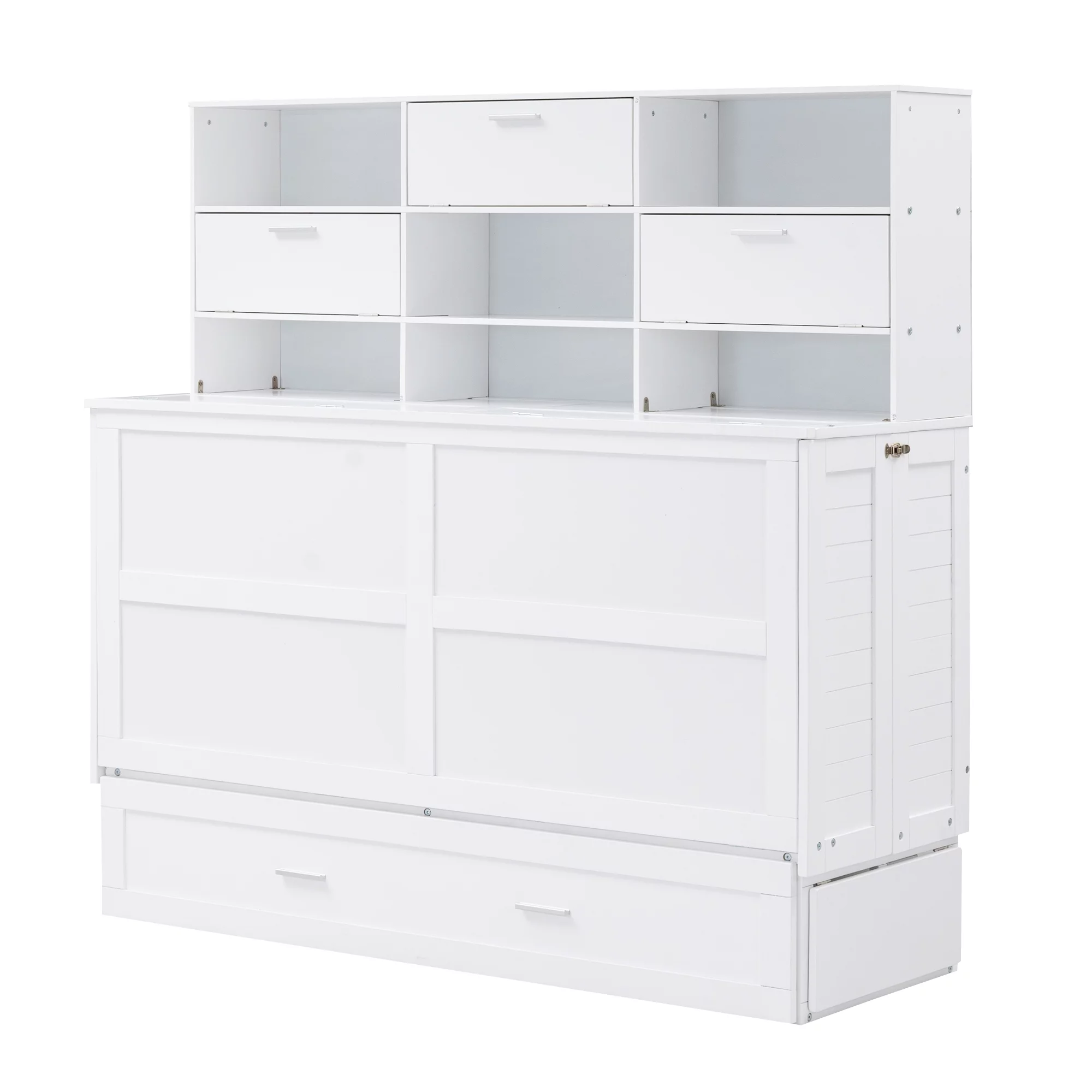 Euroco Queen Size Murphy Bed with Bookcase, Shelf and Drawer, Convertible into a Cabinet with Bookcase for Living Room, Space-Saving & Easy Open and Close, White