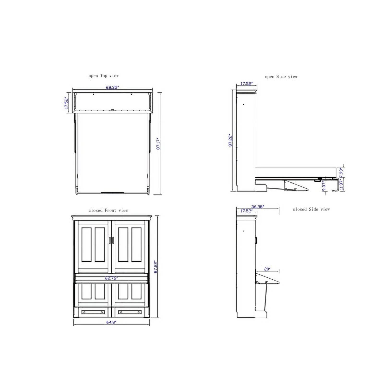 RoomAndLoft Windsor Queen Size Solid Wood Murphy Wall Desk Bed in Gray
