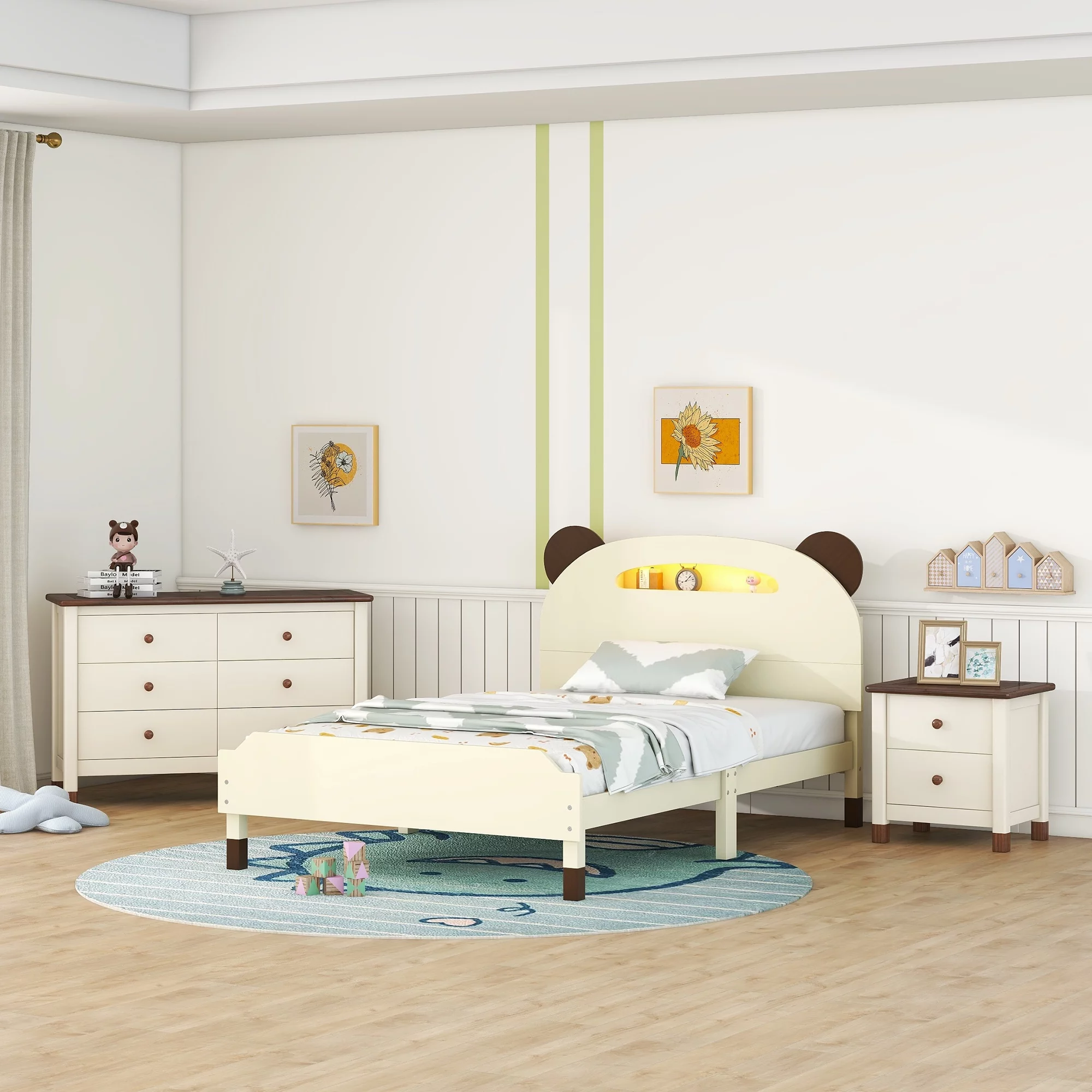 CoSoTower 3-Pieces Bedroom Sets Twin Size Bear-Shape Platform Bed with Nightstand and Storage Dresser,Cream+Walnut