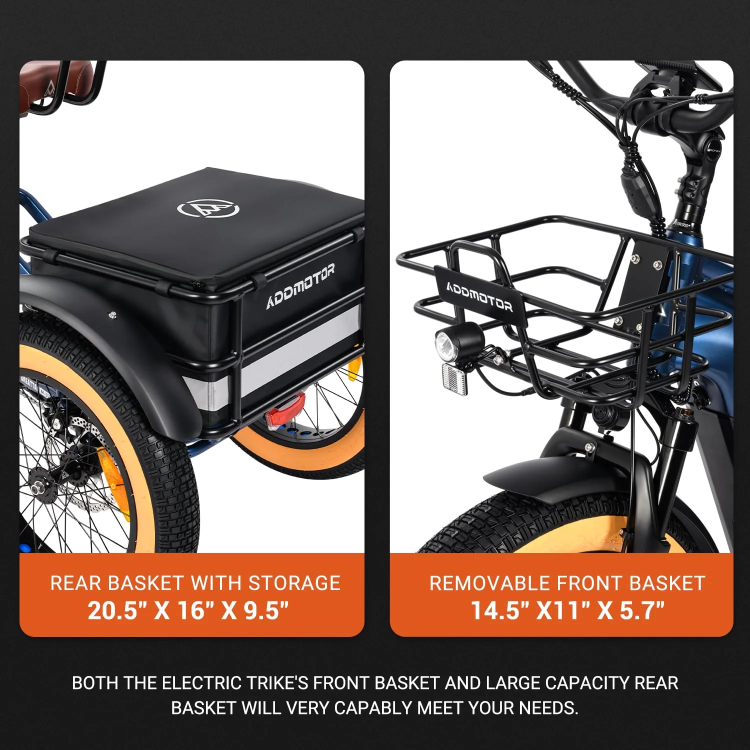 Addmotor Electric Trike for Adults, 750W Rear Mount Motor Electric Tricycle, 85MI/160MI, 48V 20AH/40AH Dual Battery System, 3 Wheel Electric Bicycle w/Parking Brake, Differential, Fat Tire M-370 Green