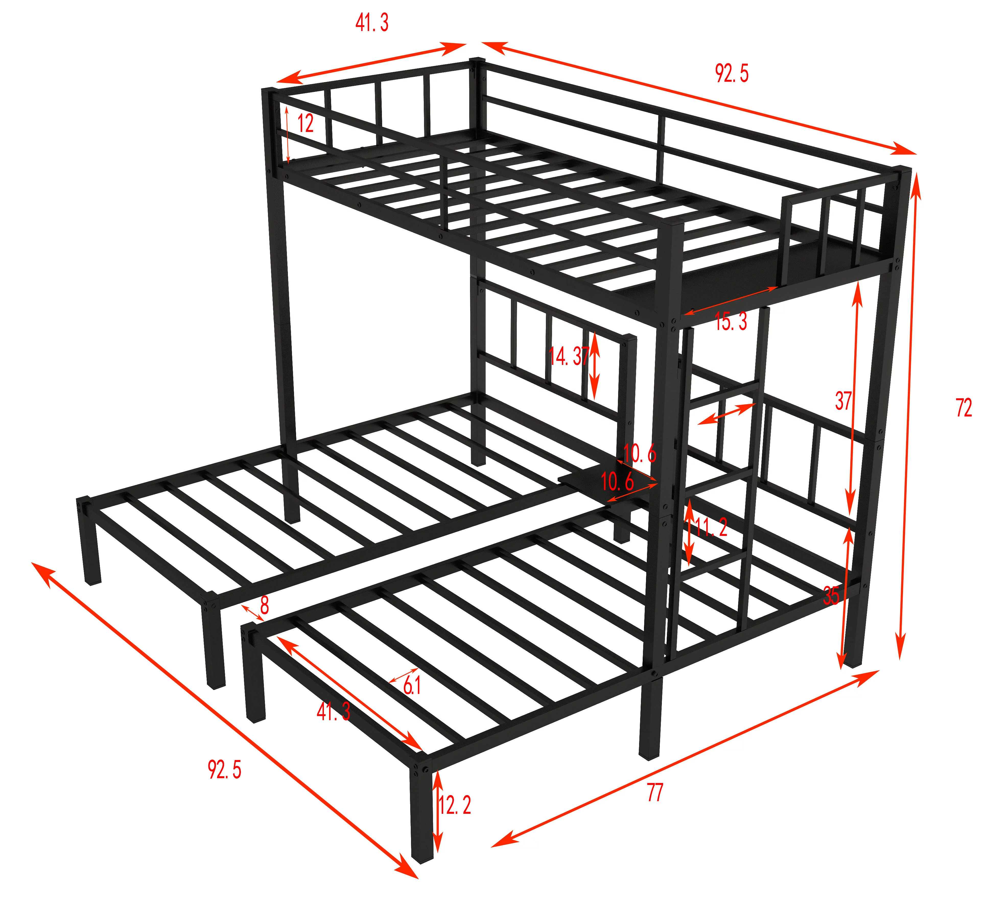 Metal Triple Bunk Bed for 3,Twin over Twin&Twin Size Bunk Bed with Built-in Shelf,Can be divided into 3 Separate Bed,Heavy-Duty Steel Bed Frame for Kids Teens Adults (Black)