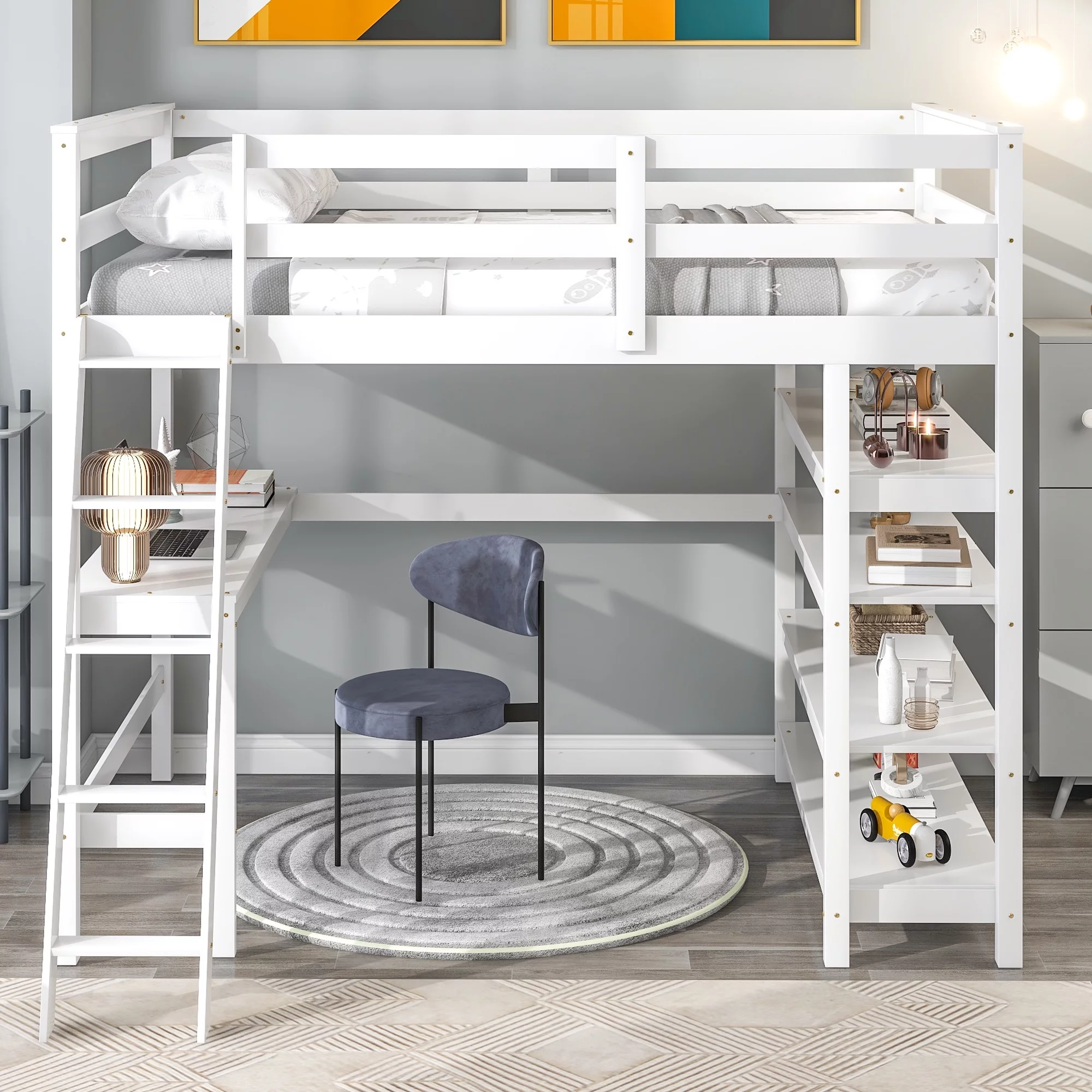 Dcenta Loft Bed Full with desk,ladder,shelves , White,Overall Product Dimension:79.5”x59.1”x68.1”