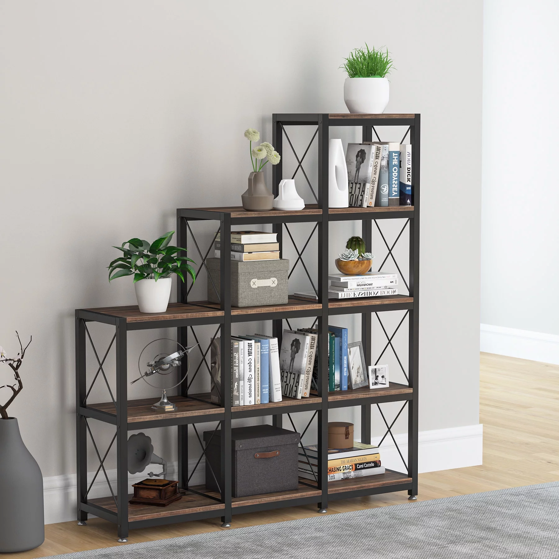 Tribesigns 12 Shelves Etagere Bookcase, Modern 9 Cubes Stepped Bookshelf, Industrial Ladder Corner Shelf Display Shelf Storage Organizer for Home Office