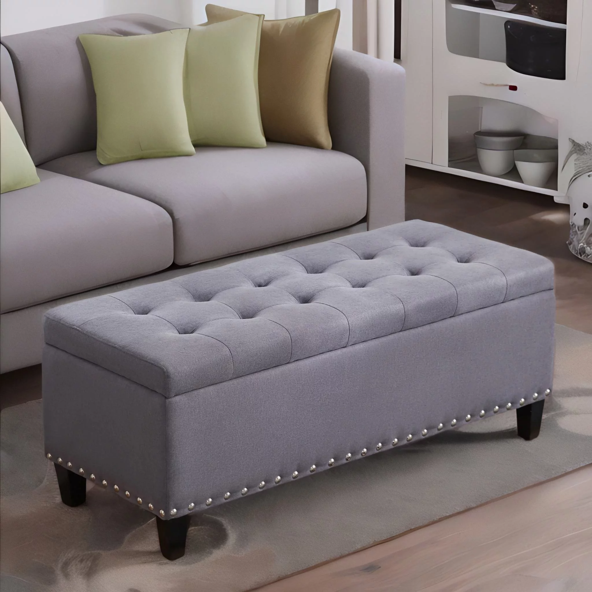 HUIMO Large Storage Ottoman, 41-inch Button-Tufted Upholstered Ottoman with Safety Hinge, End of Bed Storage Bench for Entryway, Living Room (Grey)