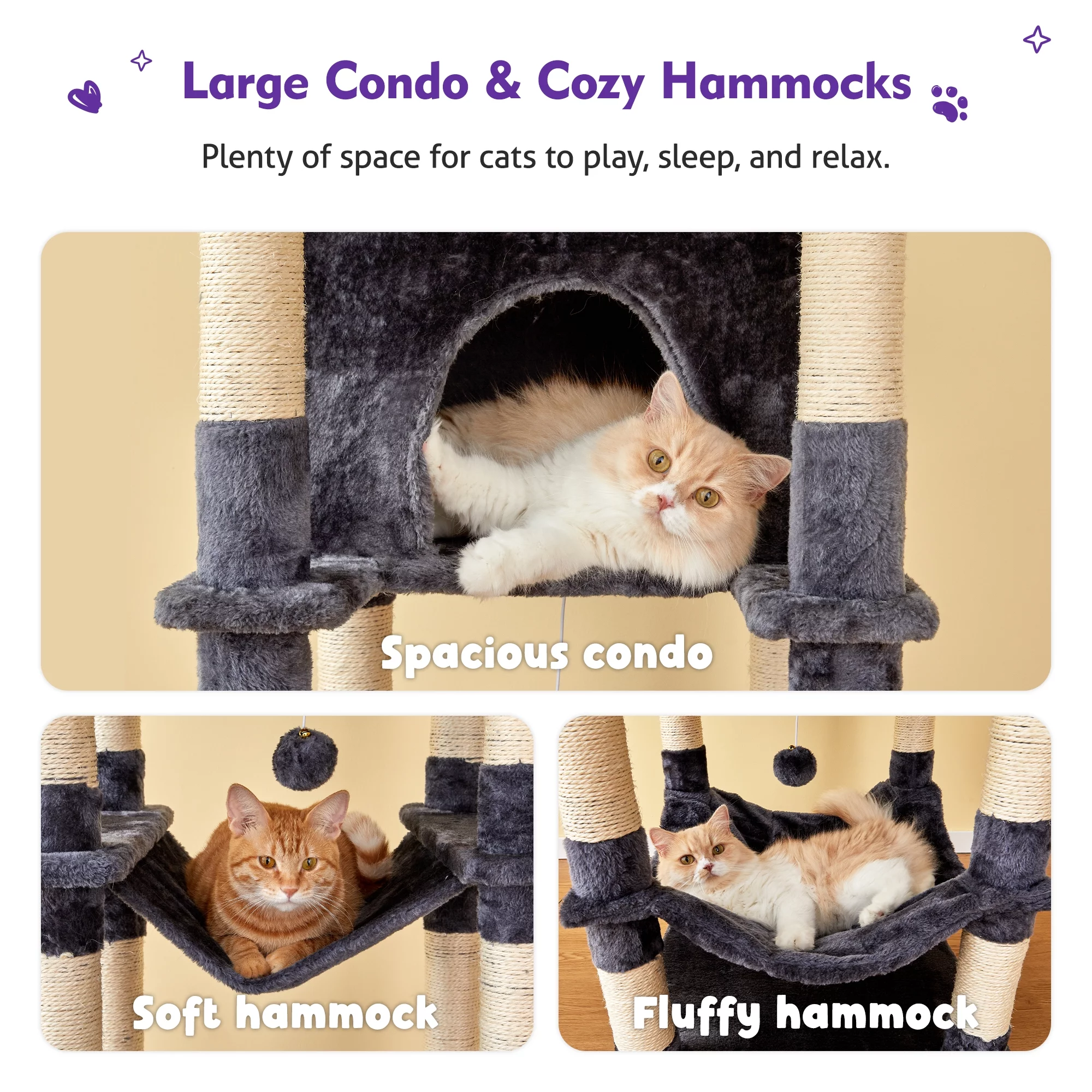 NECOLIKE 73.6'' Cat Tree for Large Cat Tower with Condo, 2 Perches and 2 Hammocks, Dark Gray