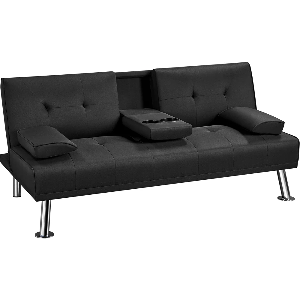 Topeakmart Convertible Futon Sofa Bed Tufted Fabric Futon Couch Bed with 2 Cup Holders, Black