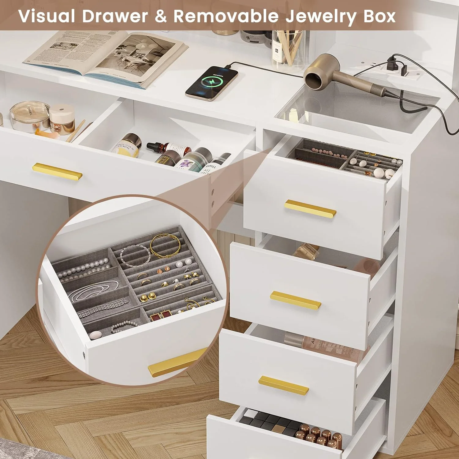 White Vanity Desk with Mirror and Lights,Bedroom Makeup Table Set with Lights & Charging Station,Makeup Desk with Drawers and Storage Shelves and Cushioned Stool