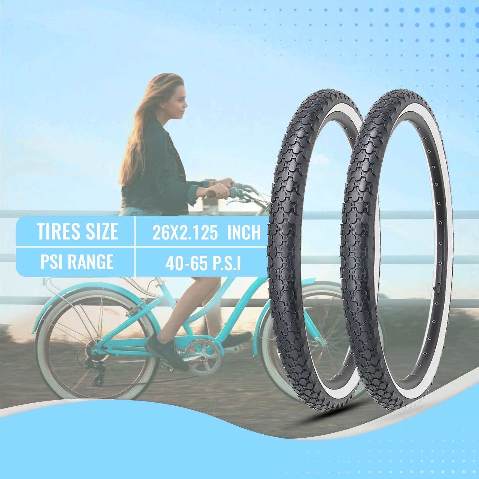 MOHEGIA Beach Cruiser Bike Tires Replacement Kit with 26 x 2.125 Inch Folding Bicycle Tires,Inner Tubes and Tire Levers (2 Packs)