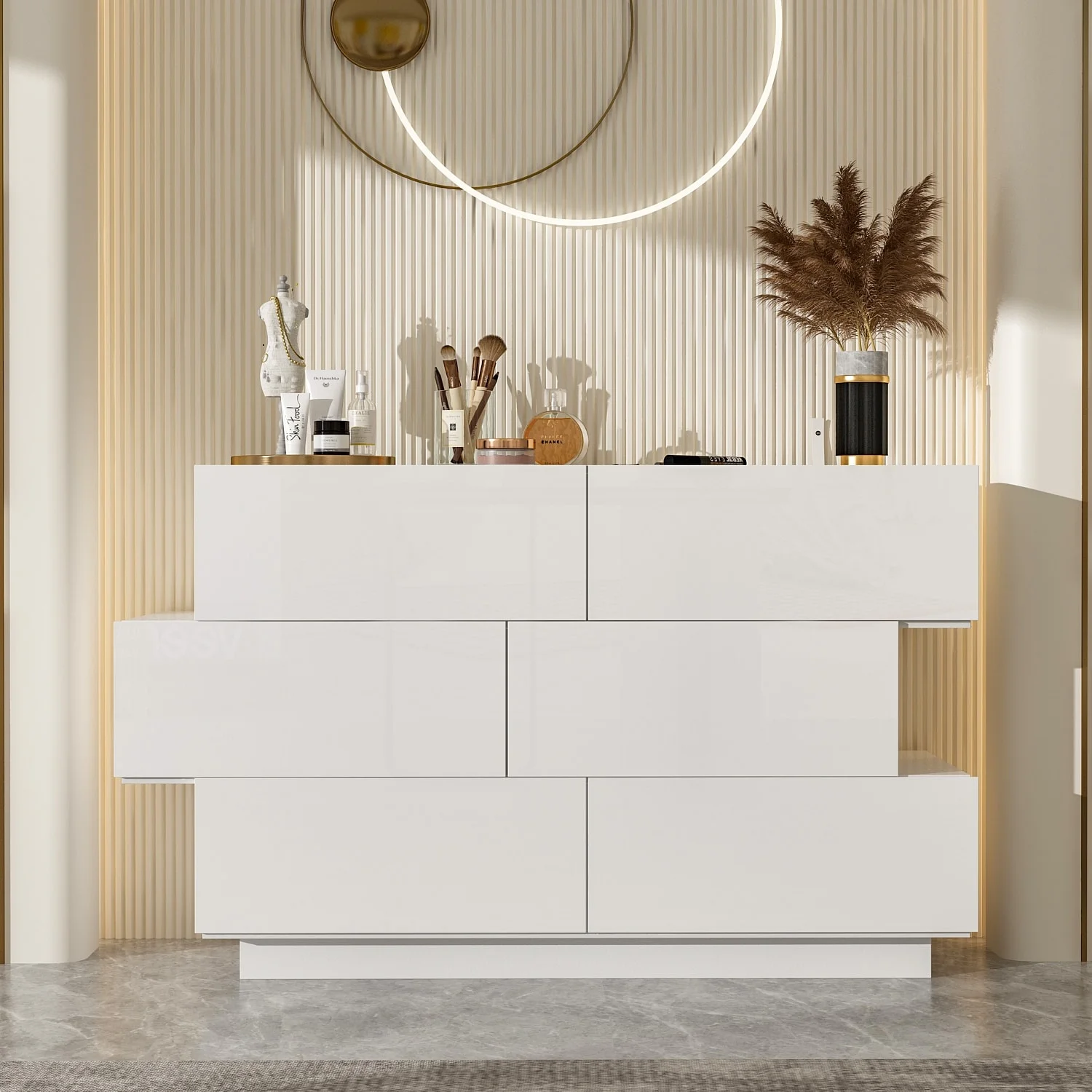 High Glossy Six-Drawer Dresser Chest with Off-Set Design (Black/White) White