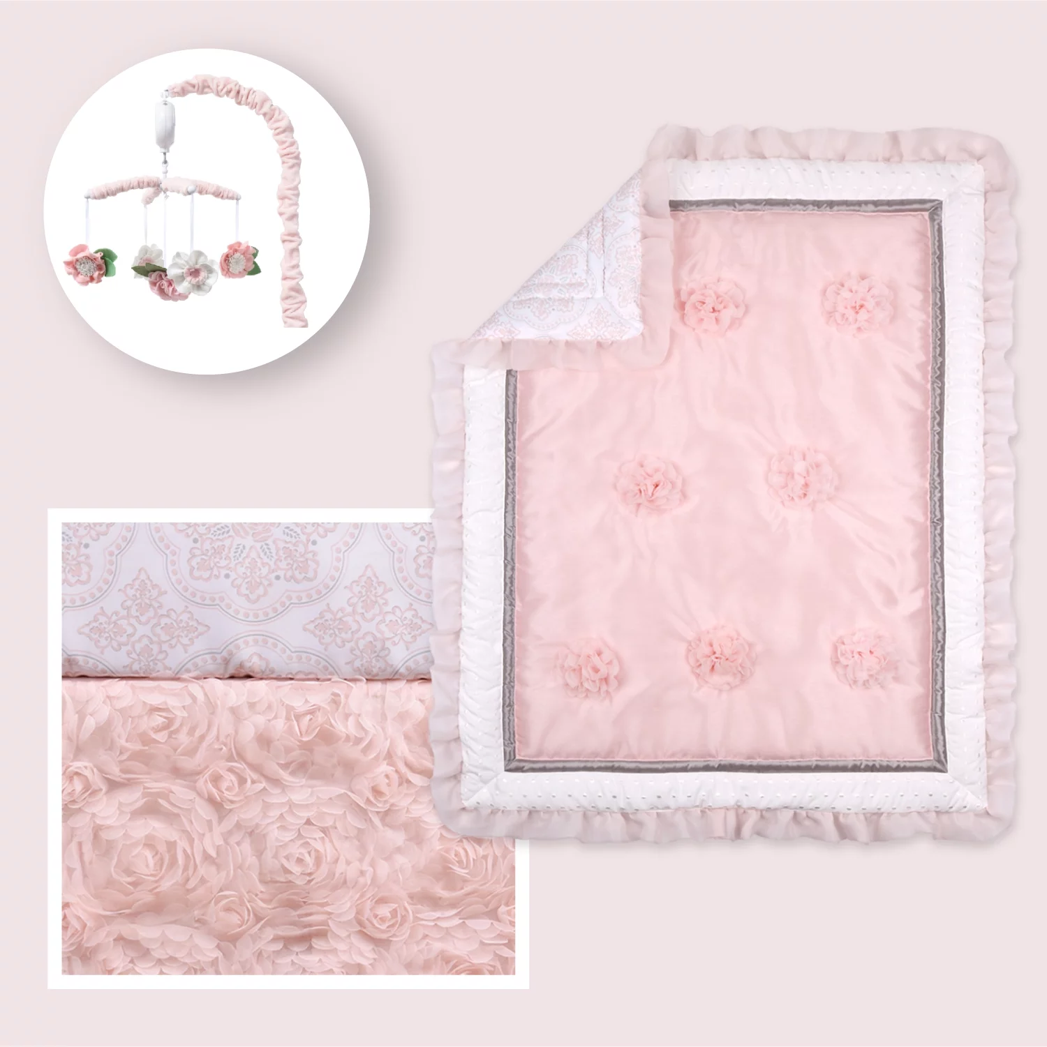 The Peanutshell Arianna 4 Piece Baby Nursery Crib Bedding Set, Quilt, Crib Sheets, Crib Skirt, and Crib Mobile