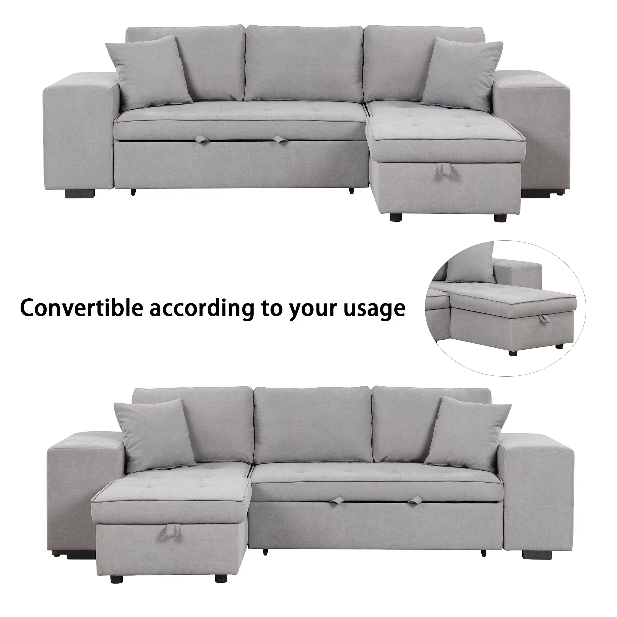 Euroco L-Shape Sectional Sofa 3 Seat Reversible, Pull Out Sleeper Sofa with Chaise, Storage Couch with 2 Stools for Living Room Furniture Set, Light Gray, 104