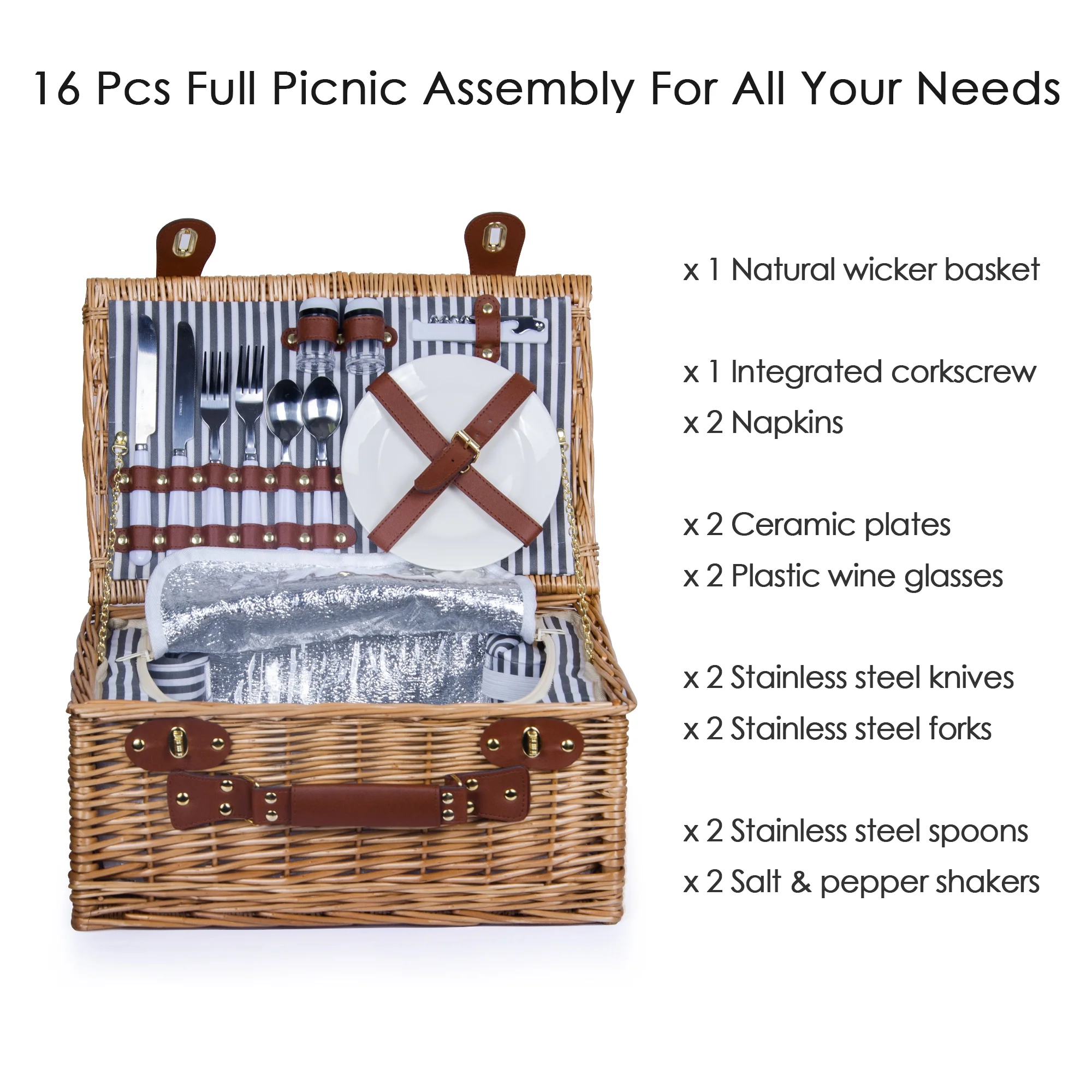 Wicker Picnic Basket Set for 2 Persons Large Willow Hamper with Insulated Cooler Compartment and Cutlery Service Kit, Classic Stripe Grey