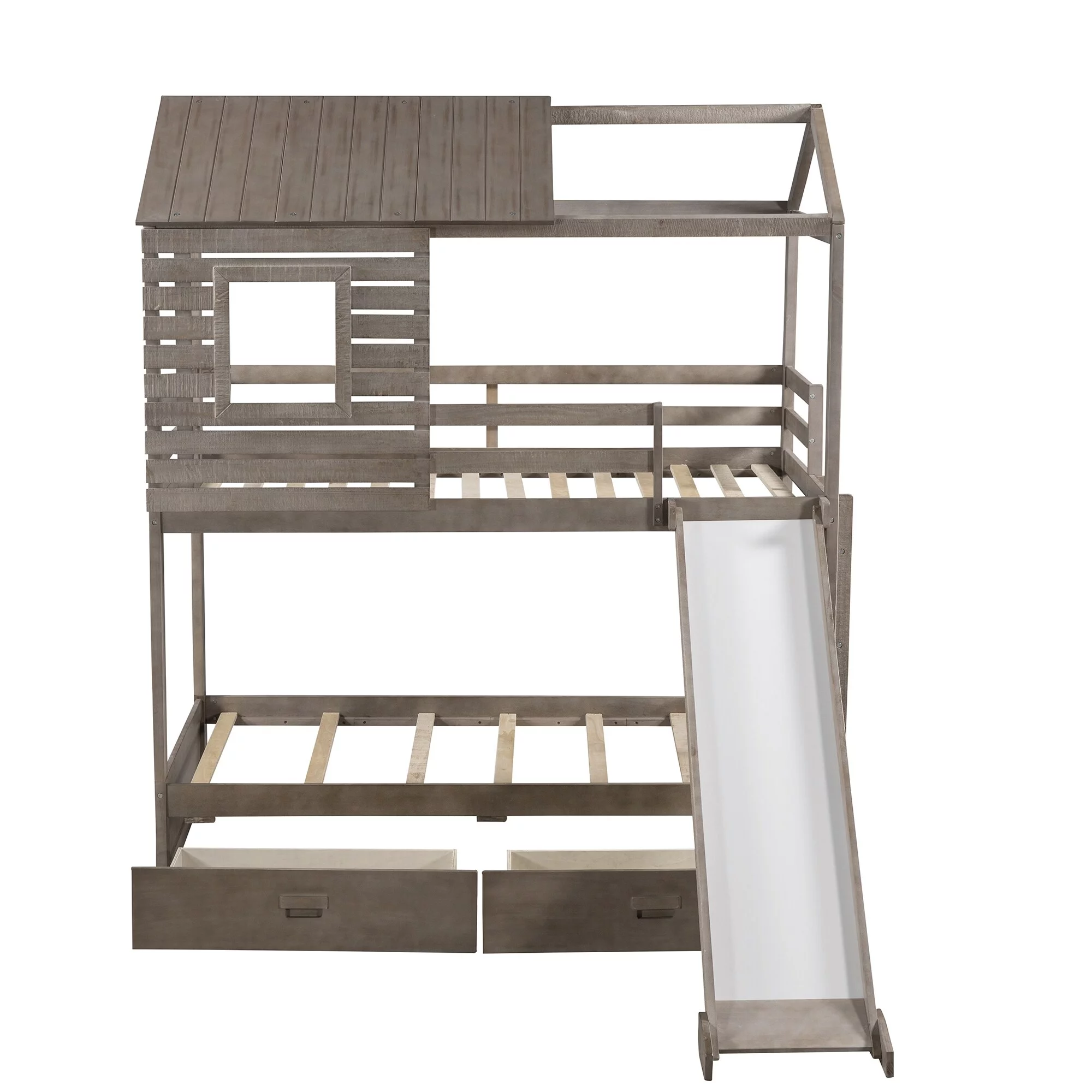 Home Adores, Inc. Rhett Twin Over Twin Bunk Bed with Two Drawers and Slide Antique Grey