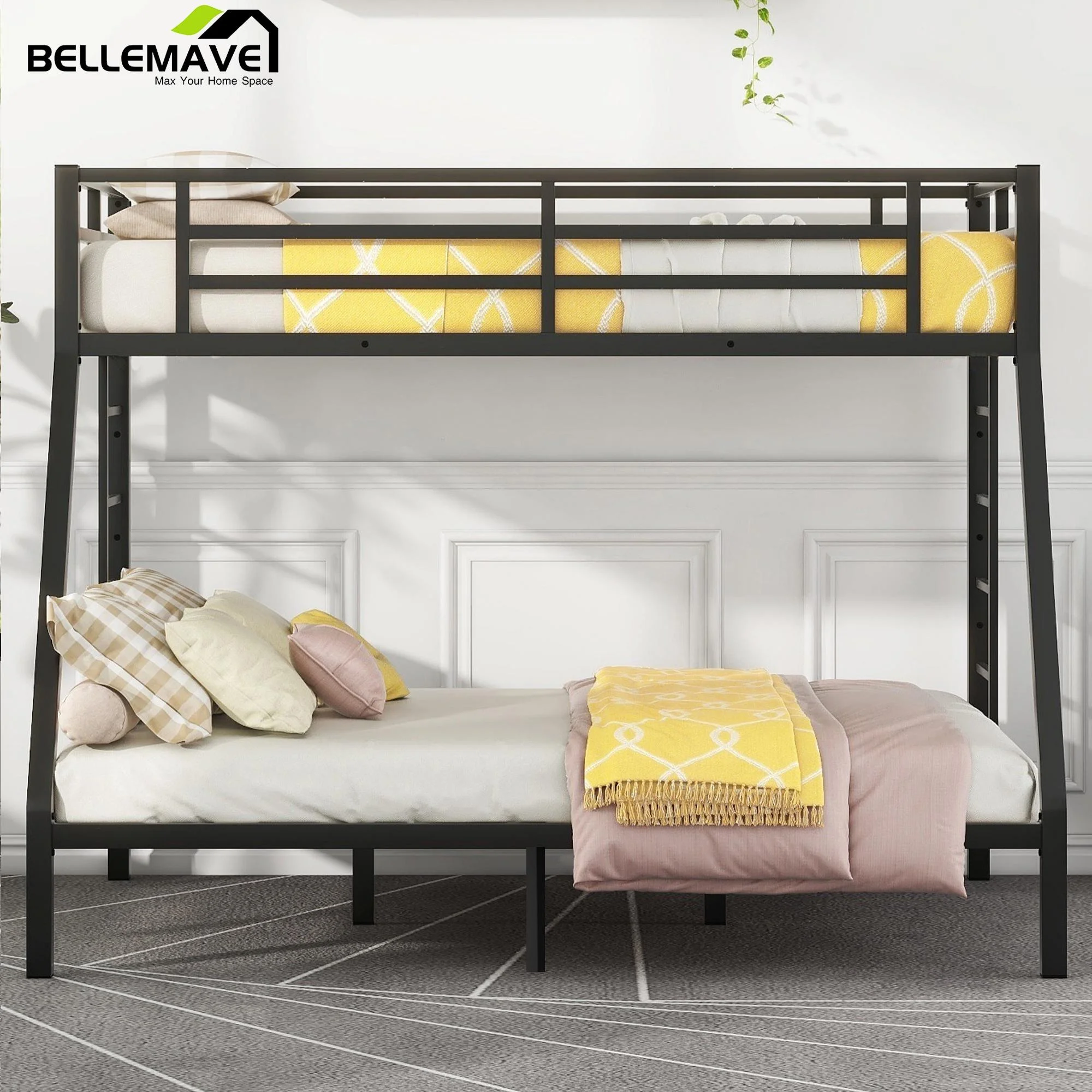 Bellemave Metal Bunk Beds Twin XL over Queen Bunk Bed for Adults, Teens, Kids Heavy Duty Bunk Bed Frame with 2 Ladder and Full-Length Guardrails, No Box Spring Needed, Black