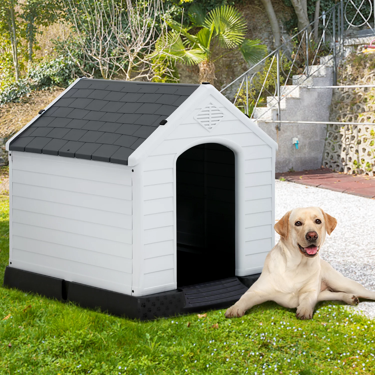 Extra Large Dog House for Large Medium Dogs 41x37.4x39 inch Plastic Water Resistant Dog Houses with Hight Base Support for Winter Tough Durable House with Air Vents Elevated Floor, Grey