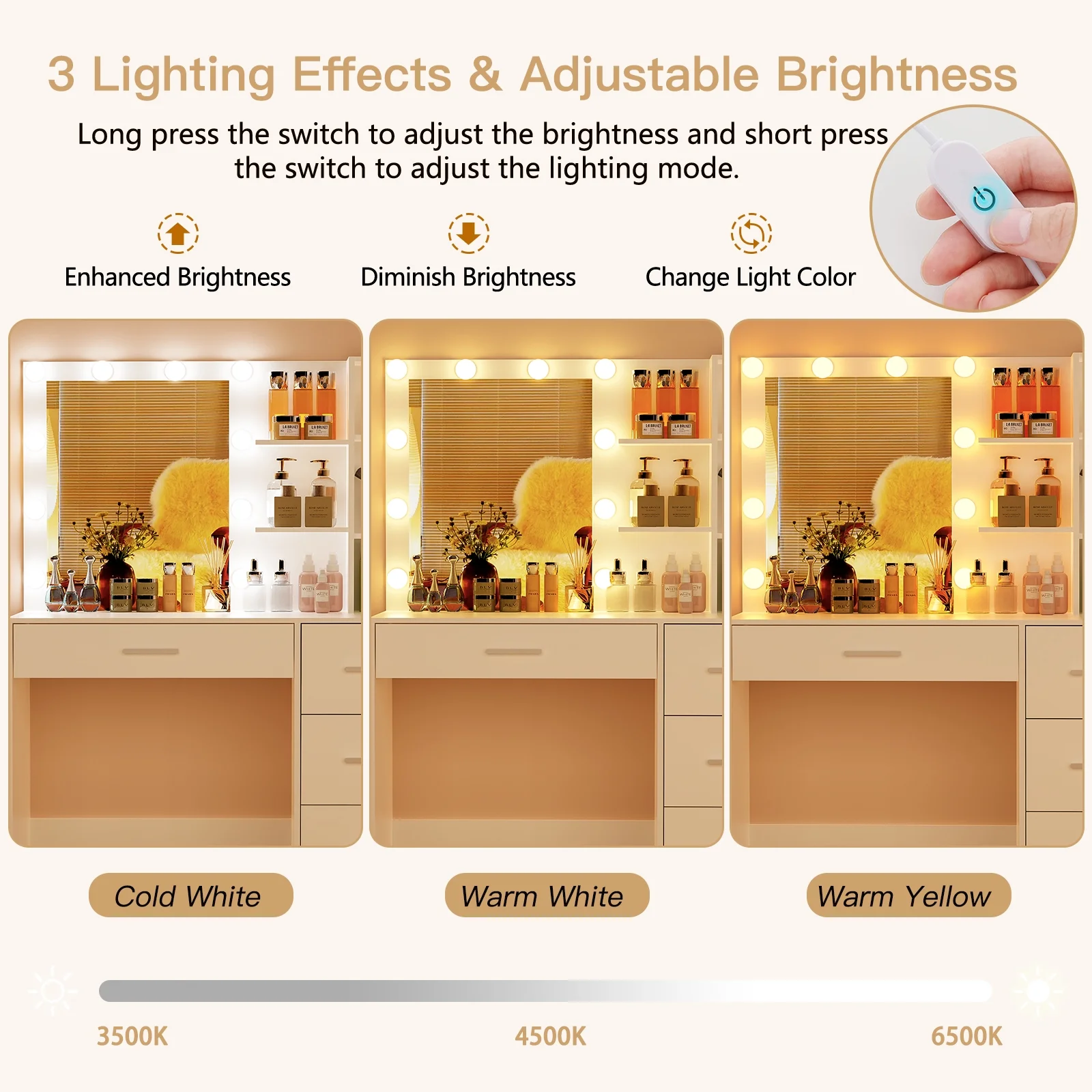 USIKEY Makeup Vanity with Lighted Mirror, Vanity Desk with 4 Drawers and Open Shelves for Bedroom,White YSZT036WD