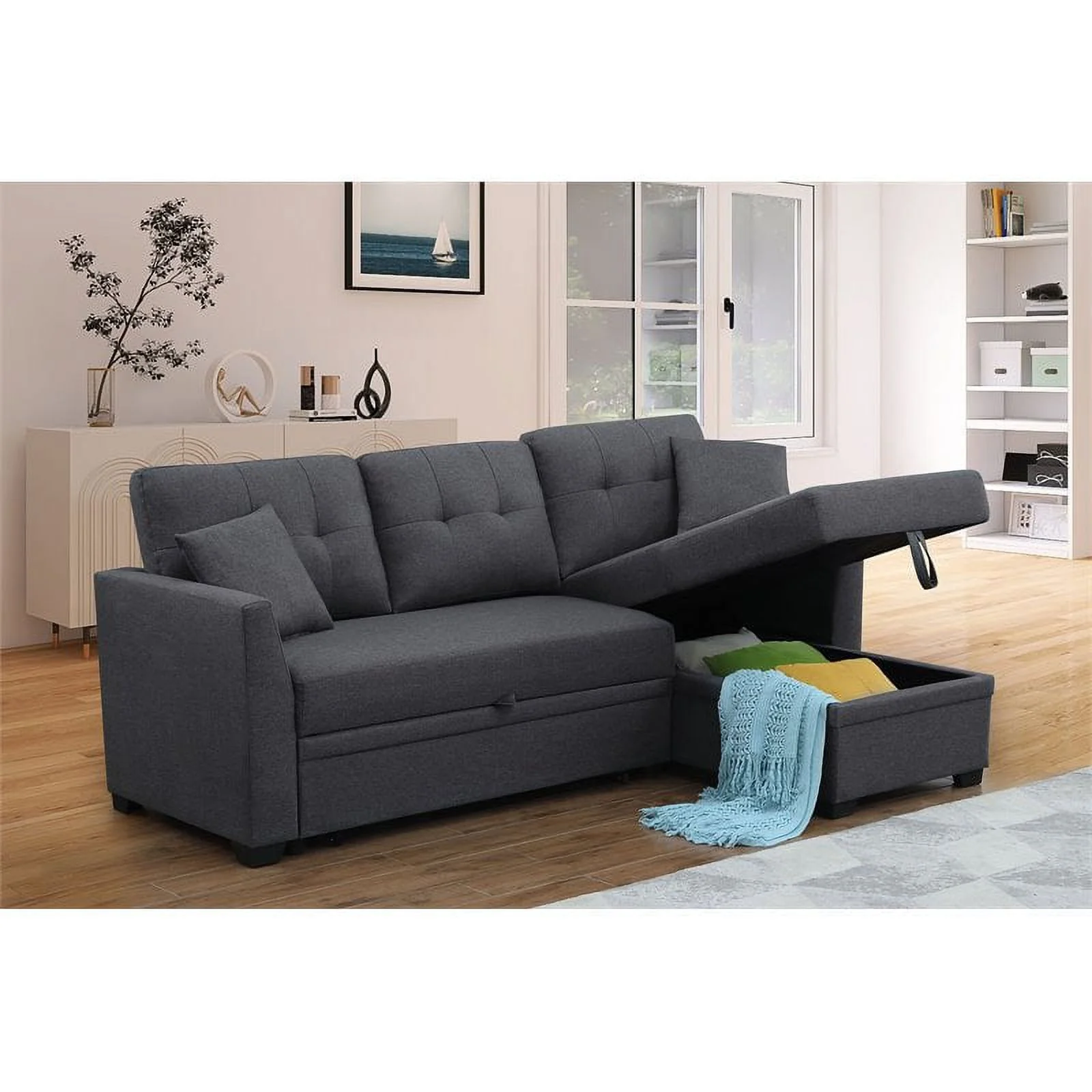 Pemberly Row 3-Seat Fabric Sleeper Sectional Sofa with Storage in Dark Gray