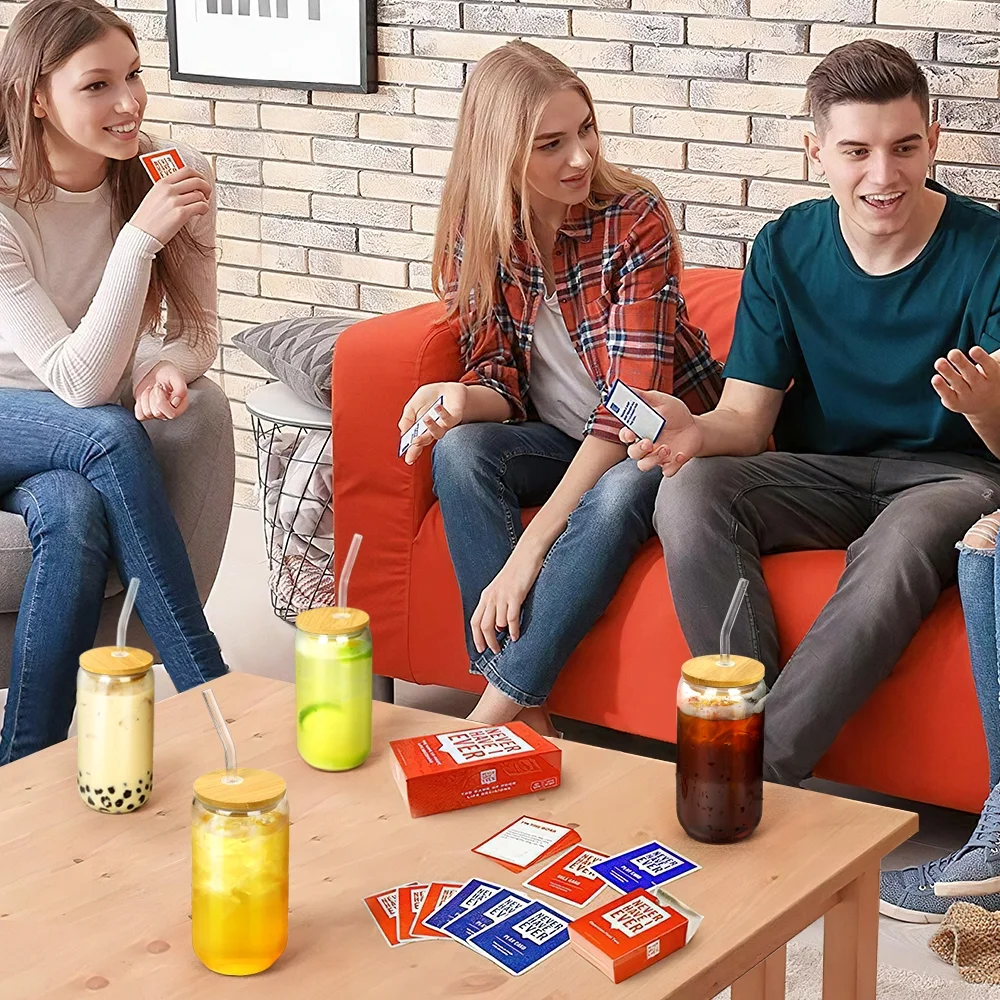 Drinking Glasses with Bamboo Lids and Glass Straw 4 Sets - 16oz Can Shaped Glass Cups, Beer Glasses, Iced Coffee Glasses, Cute Tumbler Cup, Ideal for Cocktail, Whiskey, Gift - 2 Cleaning Brushes