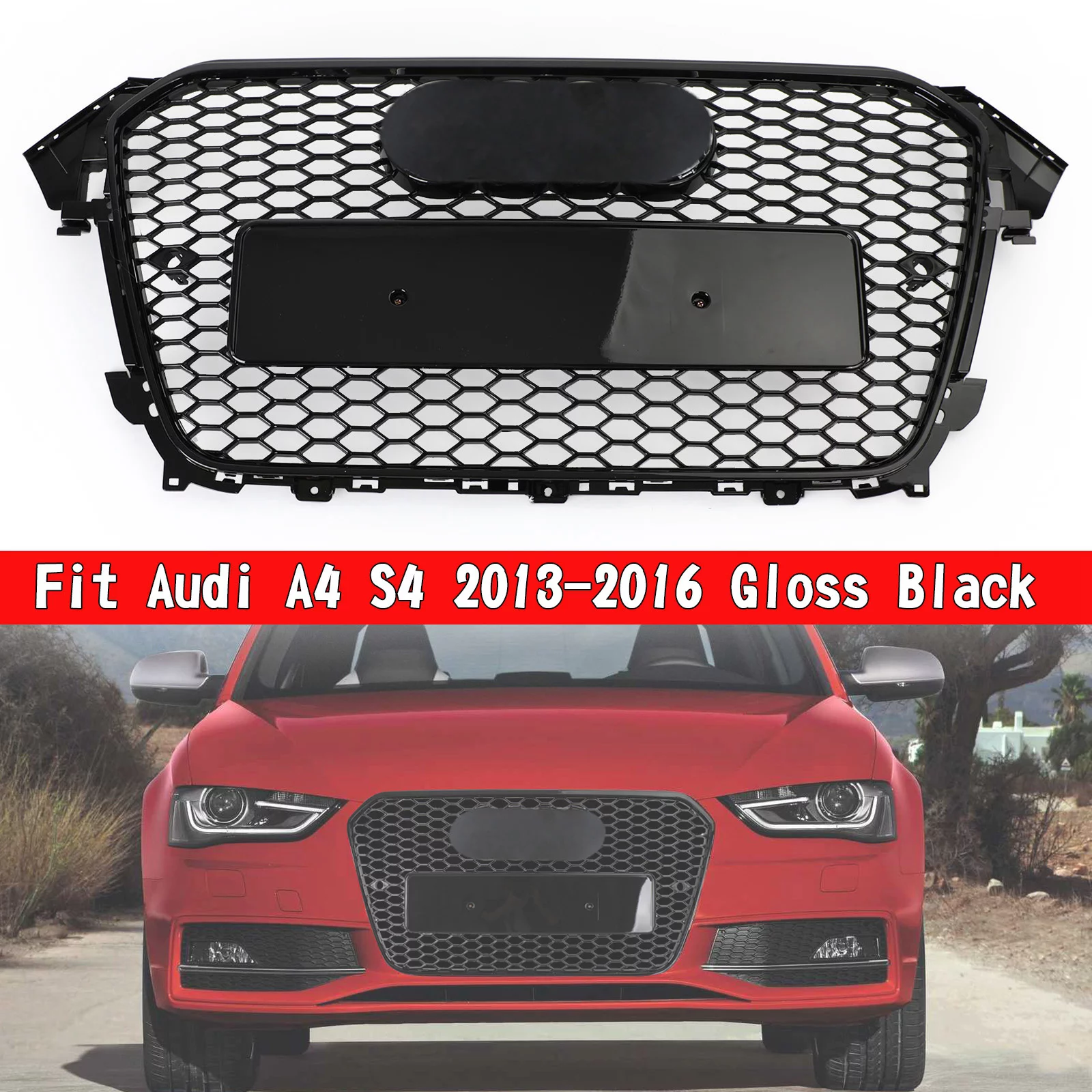 RS4 Style Mesh Front Bumper Grille Grill fit for Audi A4 S4 2013-2016 Gloss Black