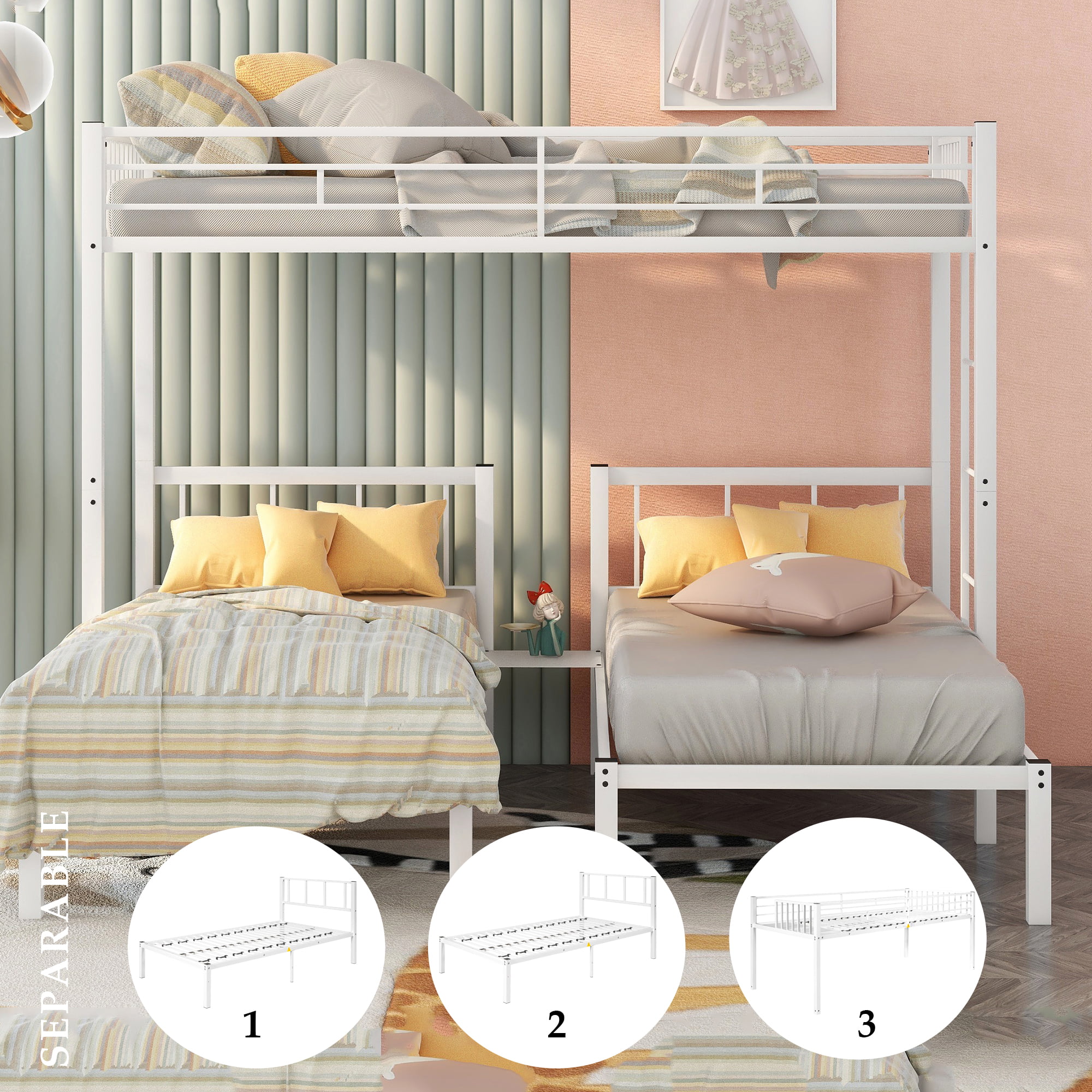 Triple Metal Bunk Bed Twin over Twin with Ladder for Kids, Boys & Girls, Convertible Bunk Set, White