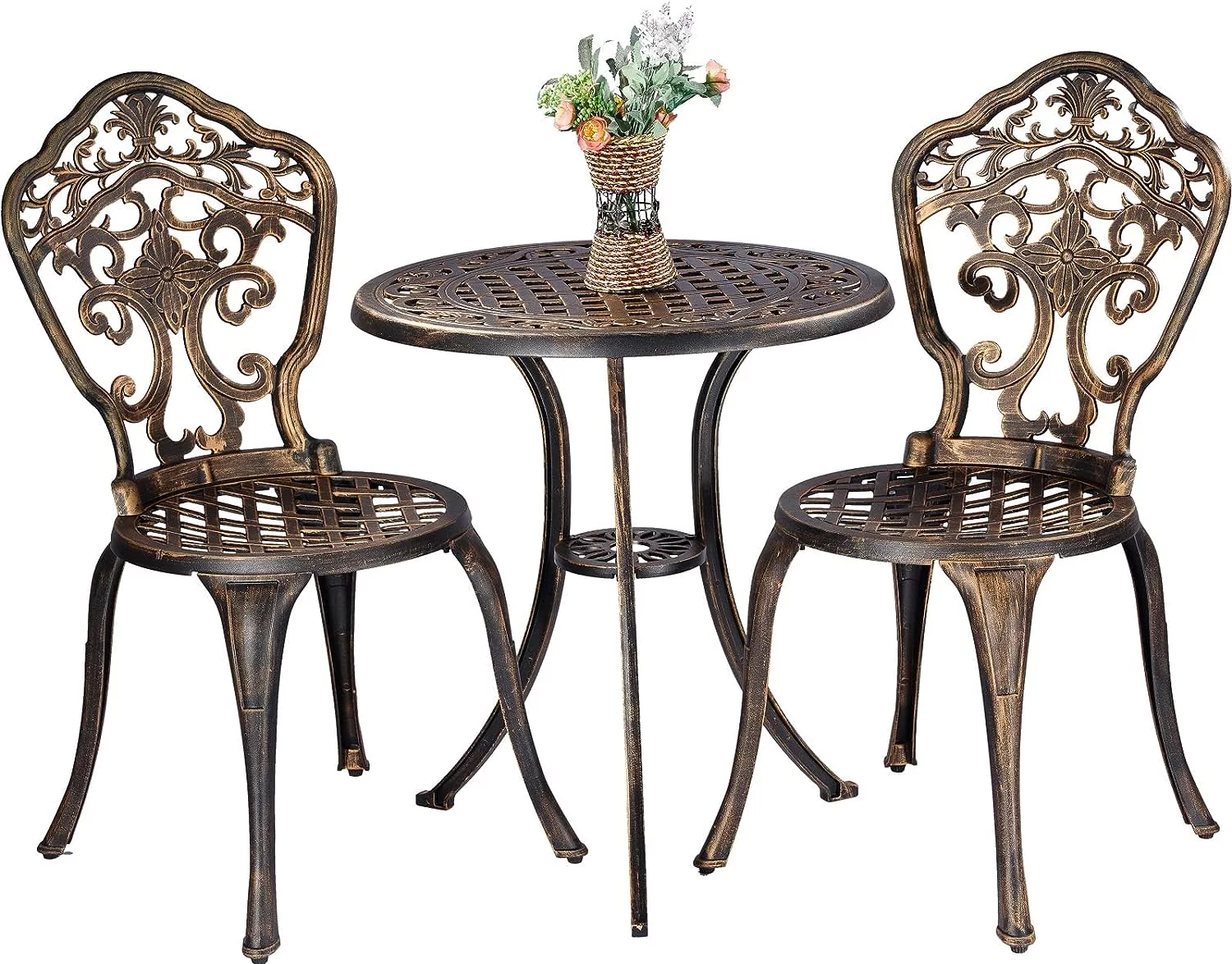 Bistro Set 3 Piece Rustproof Cast Aluminum Patio Furniture Sets 2 Chairs and 1 Round Table Outdoor, Garden, Patio, Balcony, Bronze