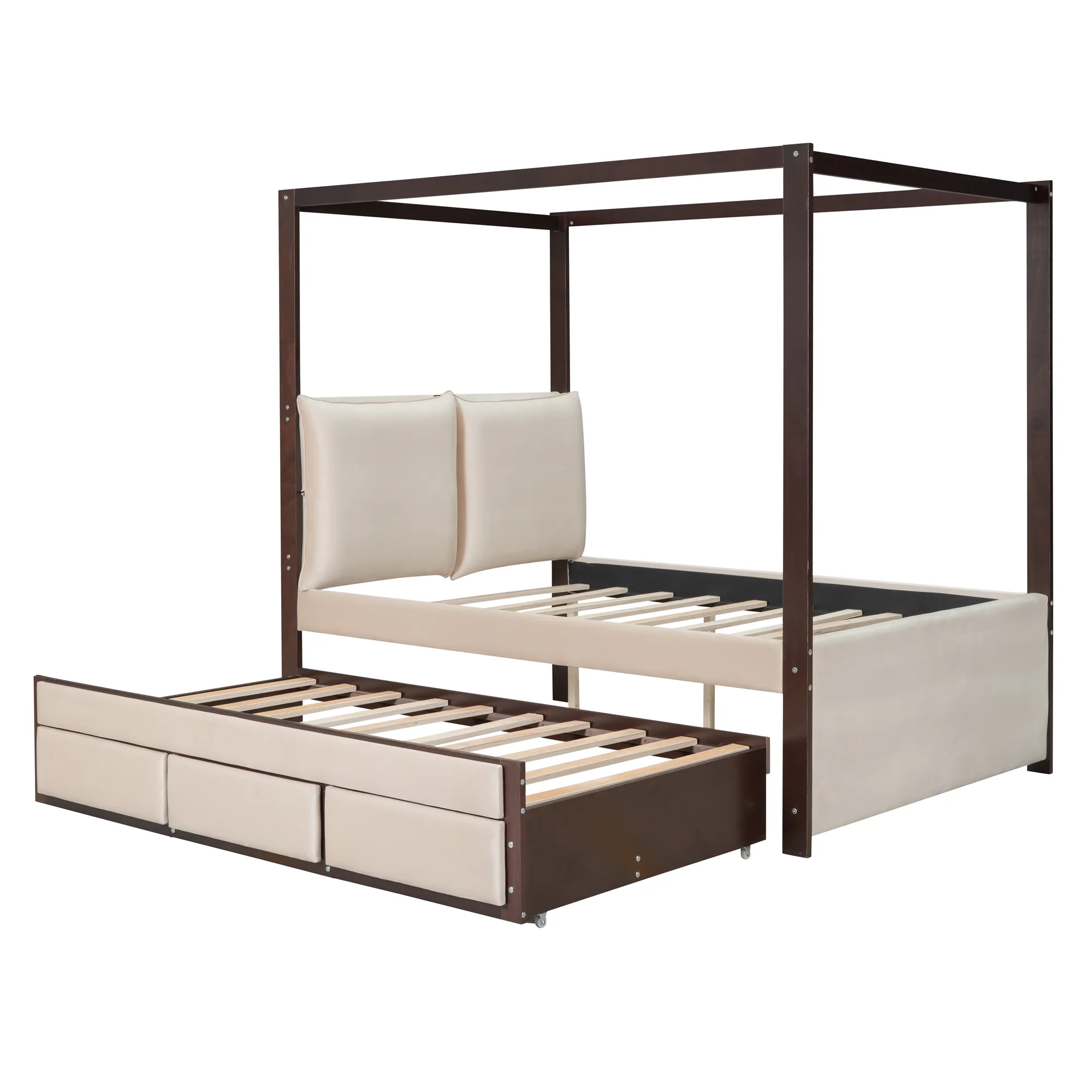 Churanty Full Size Upholstered Canopy Bed with Trundle and 3 Drawers, Beige