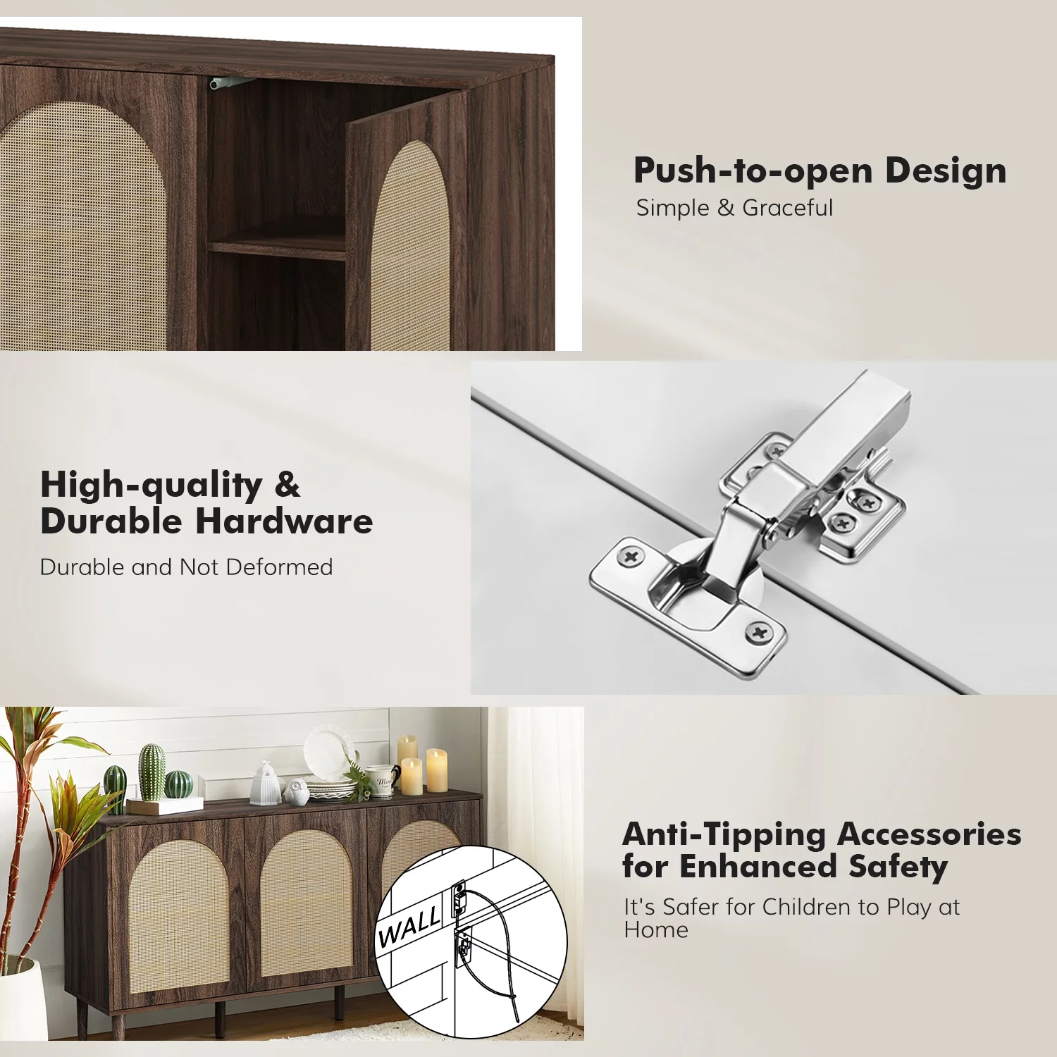 56'' Wood Rattan Arched 3 Doors Sideboard Buffet Cabinet Storage Credenza TV Stand Dining Metal Legs Home Kitchen Living Room Walnut