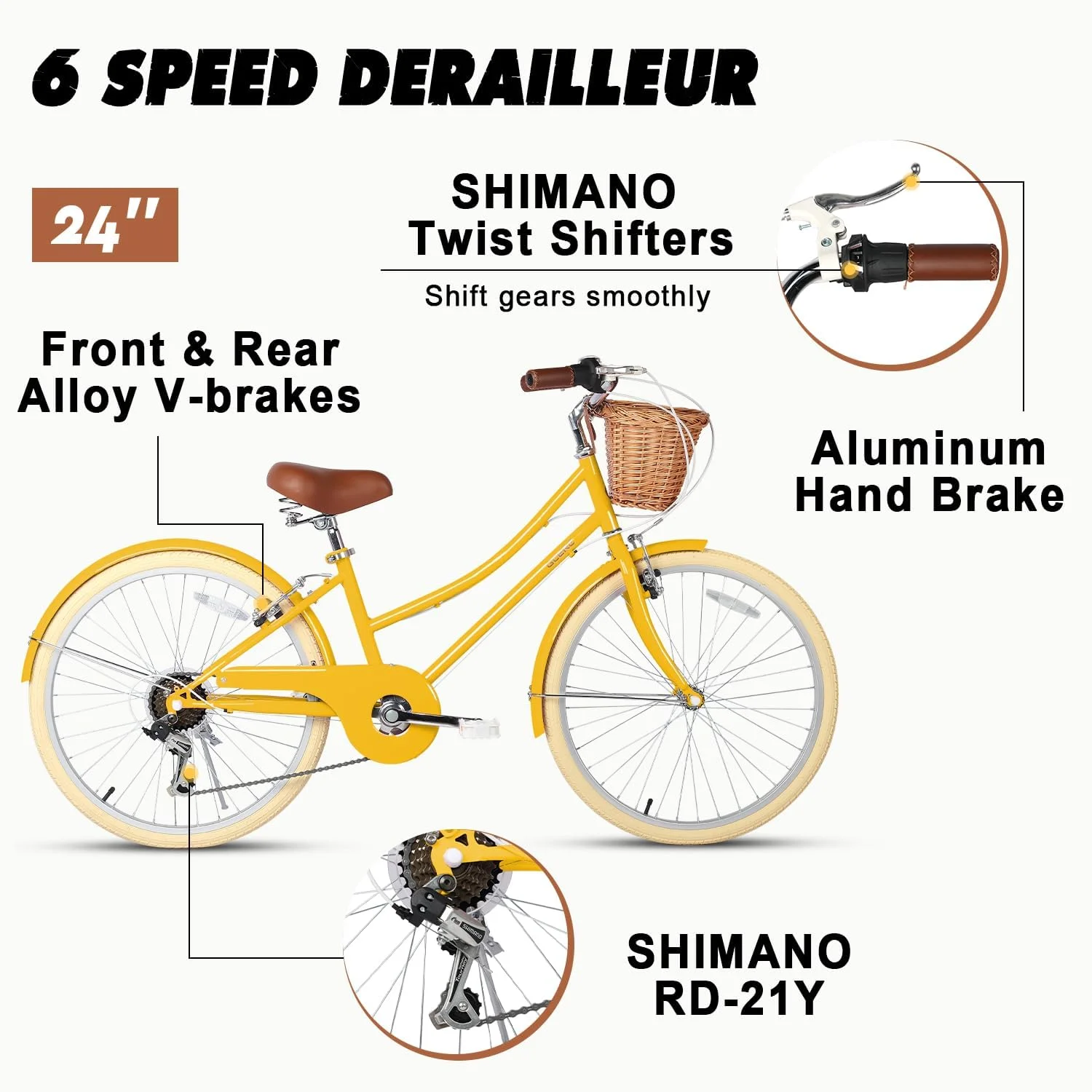 Glerc 24 inch Girls Cruiser Bike 6-Speed Women's Hybird Bicycle for Ages 7-11 Years,Yellow