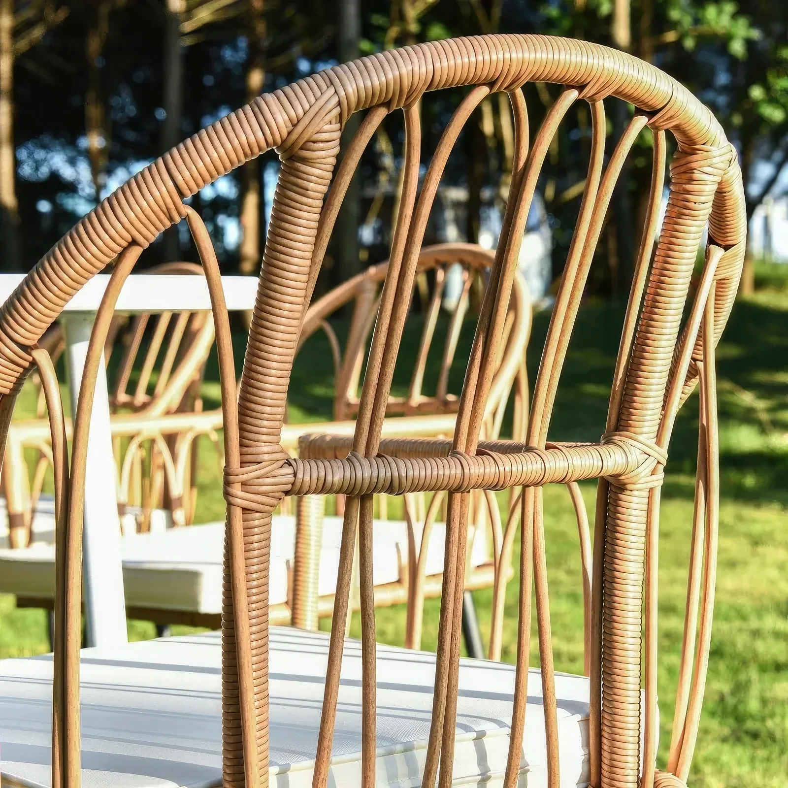 Dextrus 7 Pieces Outdoor Patio Dining Set with 6 Rattan Wicker Dining Chair & Rectangle Table with Umbrella Hole for 6-Person, Beige