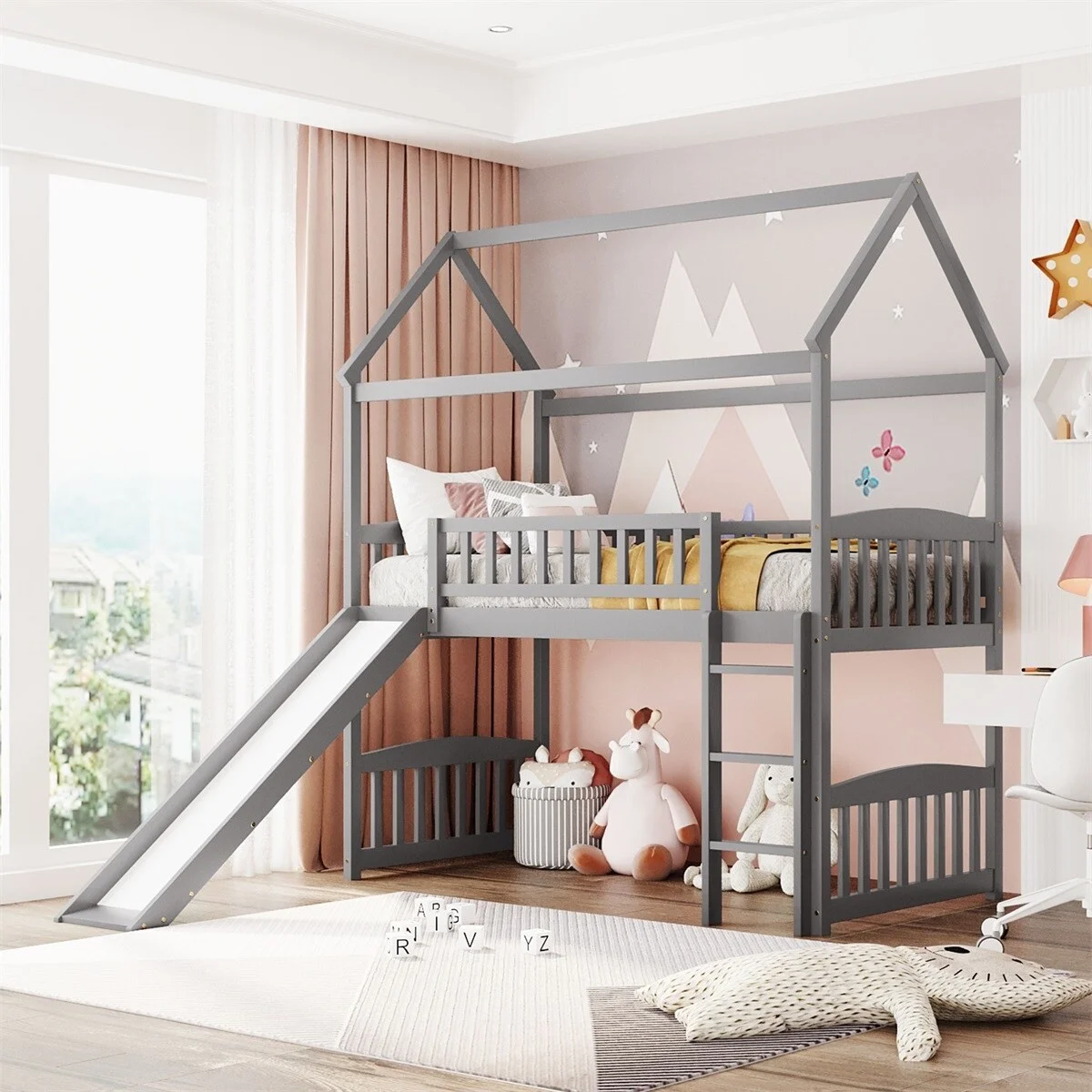 MERAX  Twin House Bed Loft Bed with Slide Grey