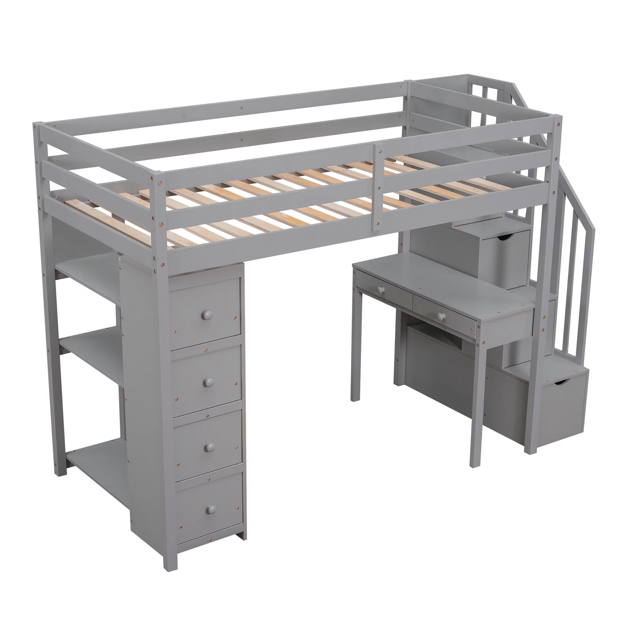 CoSoTower Twin Size Loft Bed with Storage Drawers ,Desk and Stairs, Wooden Loft Bed with Shelves - Gray
