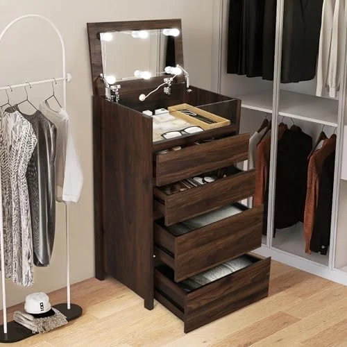 LNboomLife Dresser for Bedroom  4 Drawer Dresser with Mirror and Lights  Modern Tall Chest of Drawers with  Organizer for Small Space  Bedroom  Entryway  Living Room (White)