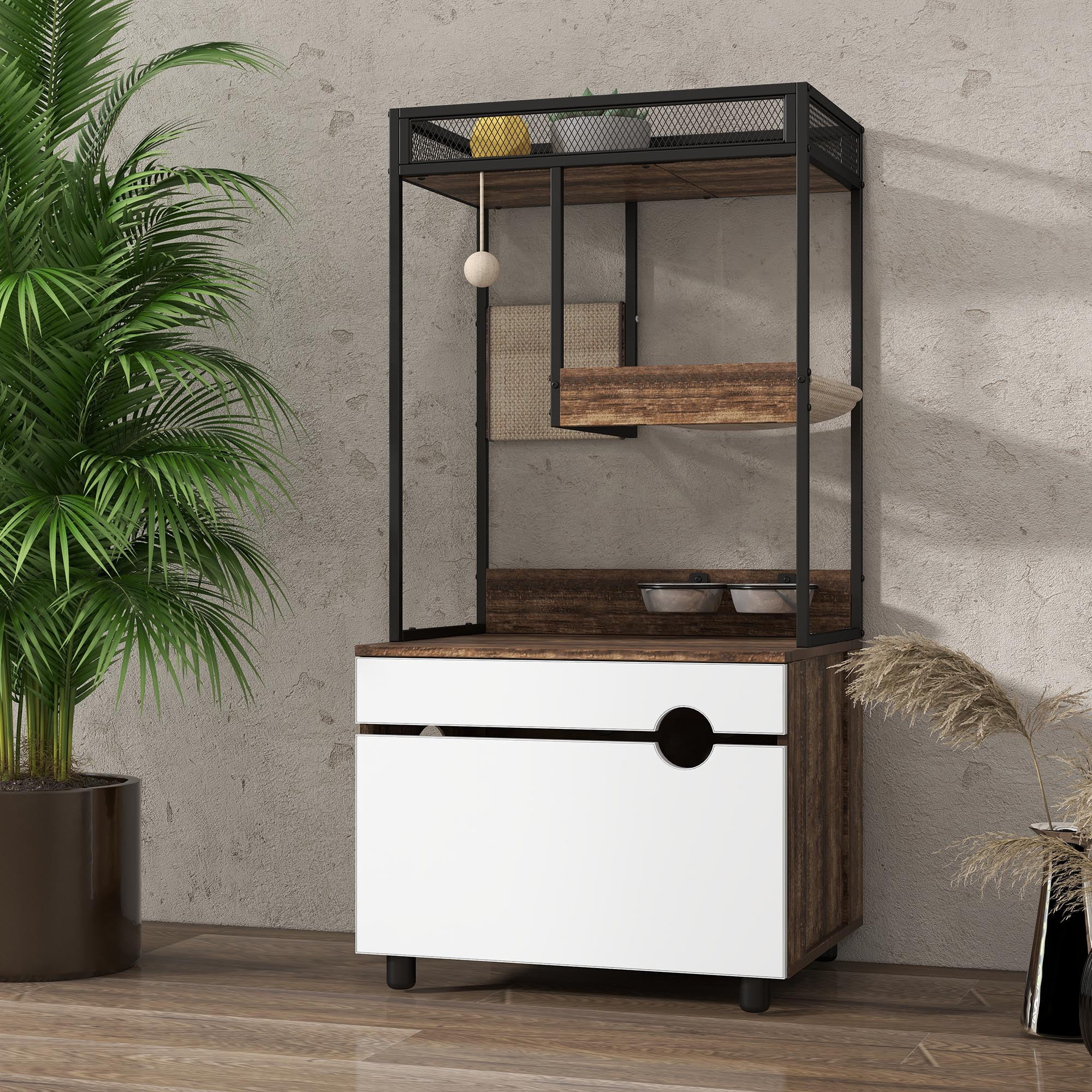 Hidden Cat Litter Box Enclosures with Cat Tree Tower, Cat Furniture with Scratching Pads and Large Storage Space, Industrial Cat Cabinet with Shelves and Doors, Rustic Brown