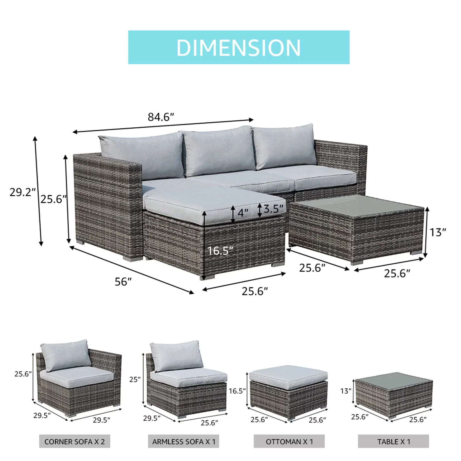 JOIVI 5 Pieces Outdoor Patio Furniture Set, All Weather PE Gray Wicker Rattan Sectional Furniture Set with Coffee Table, Light Gray
