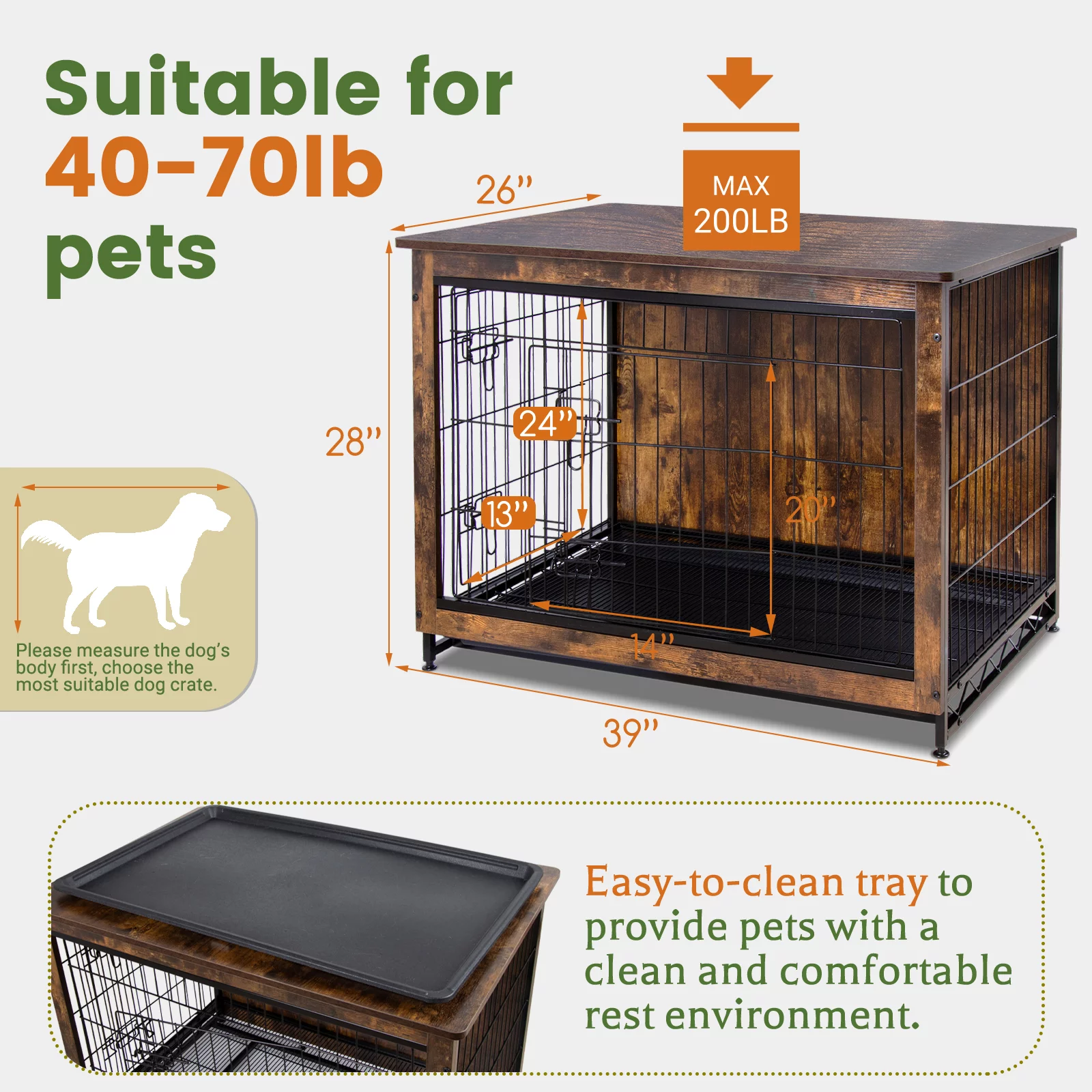 Polar Aurora Dog Crate Furniture, 38.6''Wooden Pet Cage Kennel End Table with 2 Doors and Removable Tray for Small Medium Large Dogs