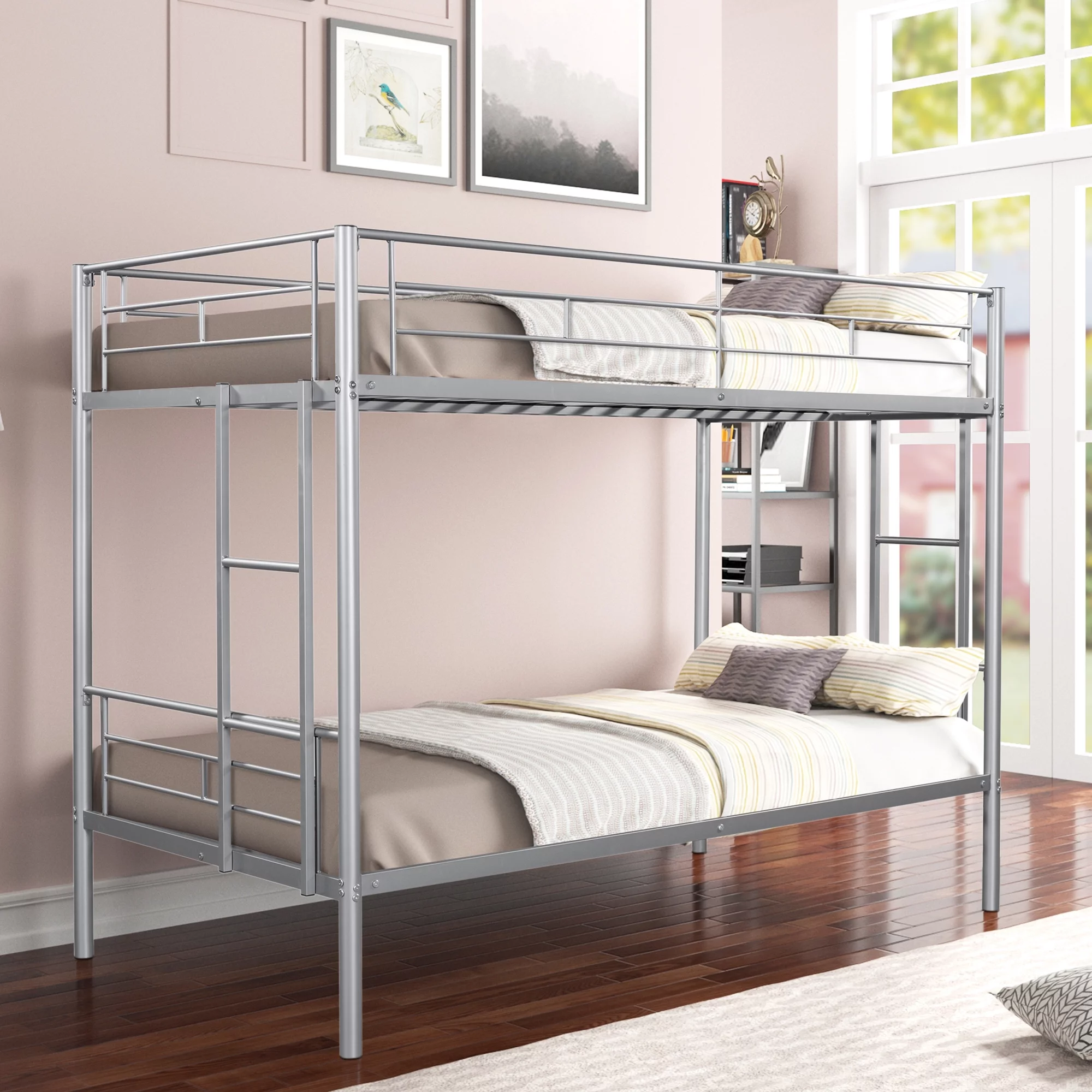 KAMIDA Metal Bunk Bed for Kids, Twin Over Twin Convertible Bunk Bed with Ladder and Safety Fence, Silver