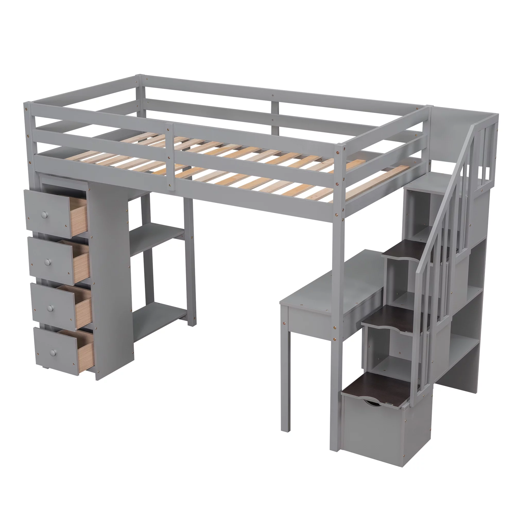 CoSoTower Twin Size Loft Bed with Storage Drawers ,Desk and Stairs, Wooden Loft Bed with Shelves - Gray