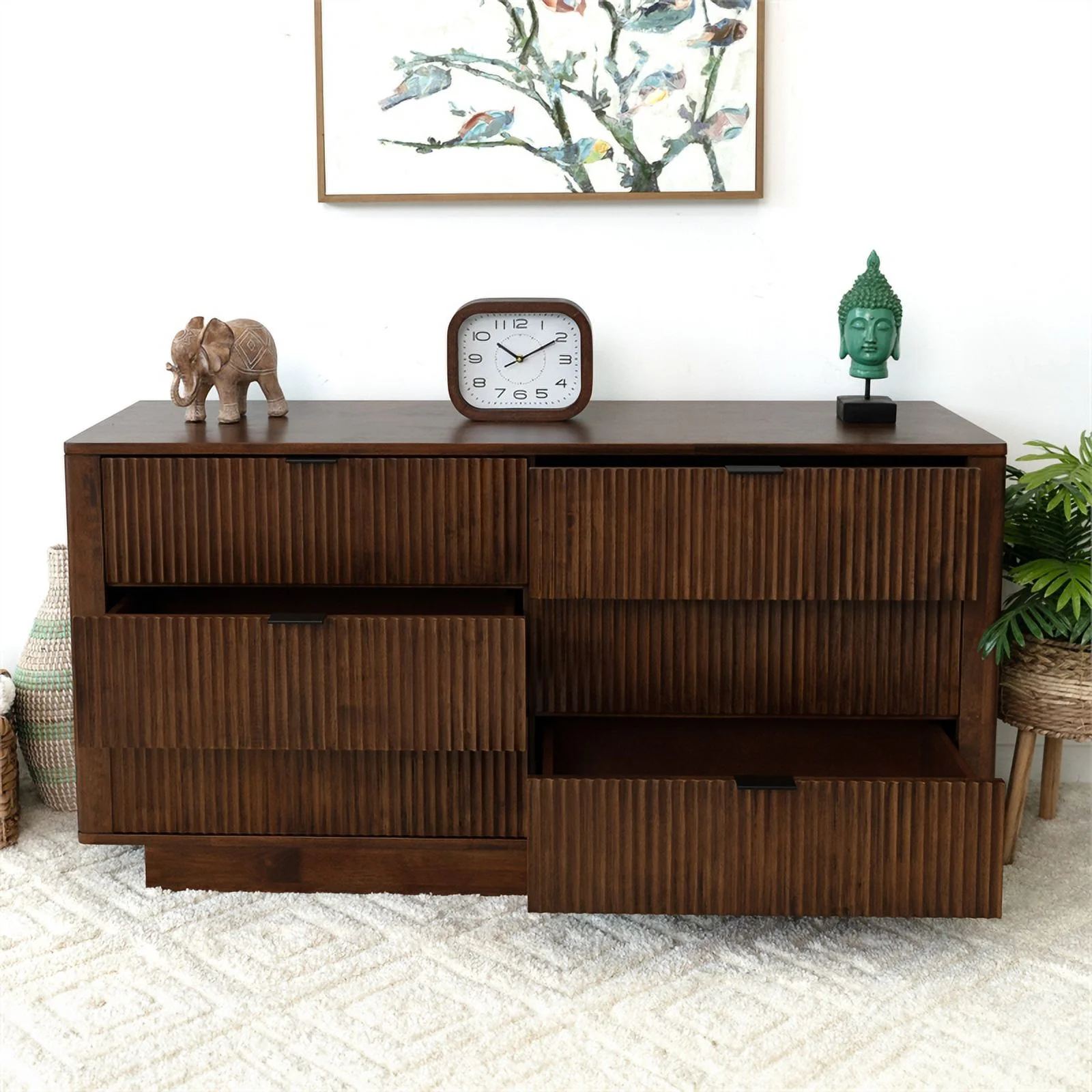 Carla Mid Century Modern Solid Wood Walnut Dresser with 6 Drawers