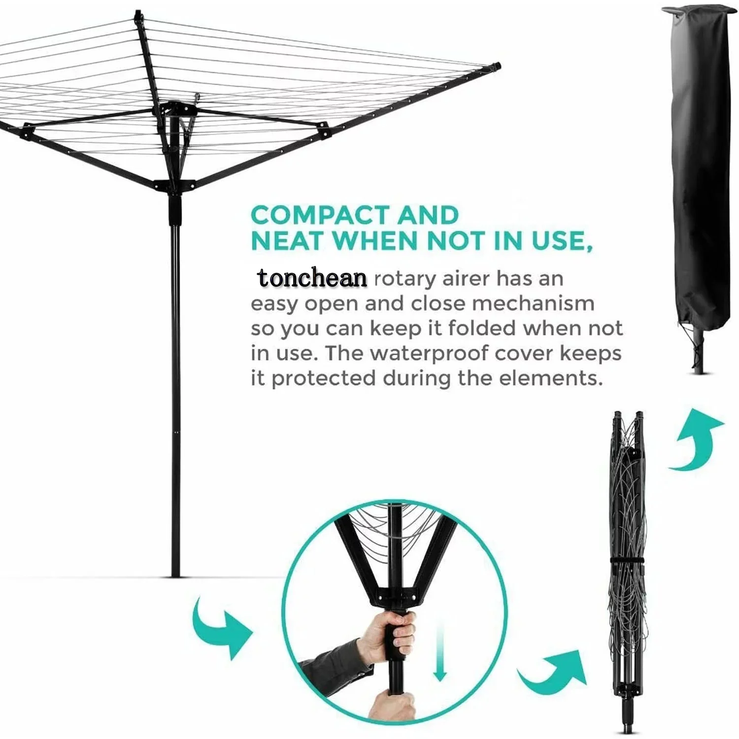 tonchean Rotary Outdoor Umbrella Drying Rack - Foldable Aluminum 4 Arms Adjustable 70.9