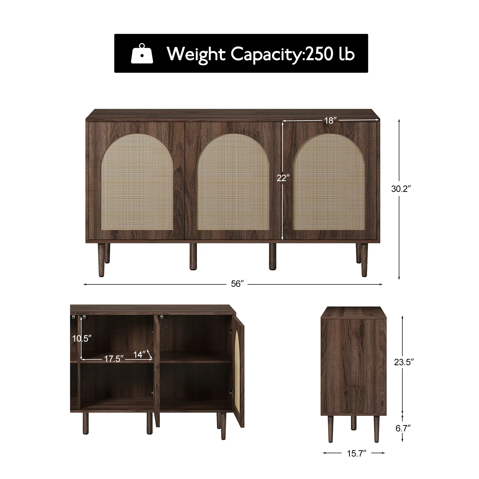 56'' Wood Rattan Arched 3 Doors Sideboard Buffet Cabinet Storage Credenza TV Stand Dining Metal Legs Home Kitchen Living Room Walnut