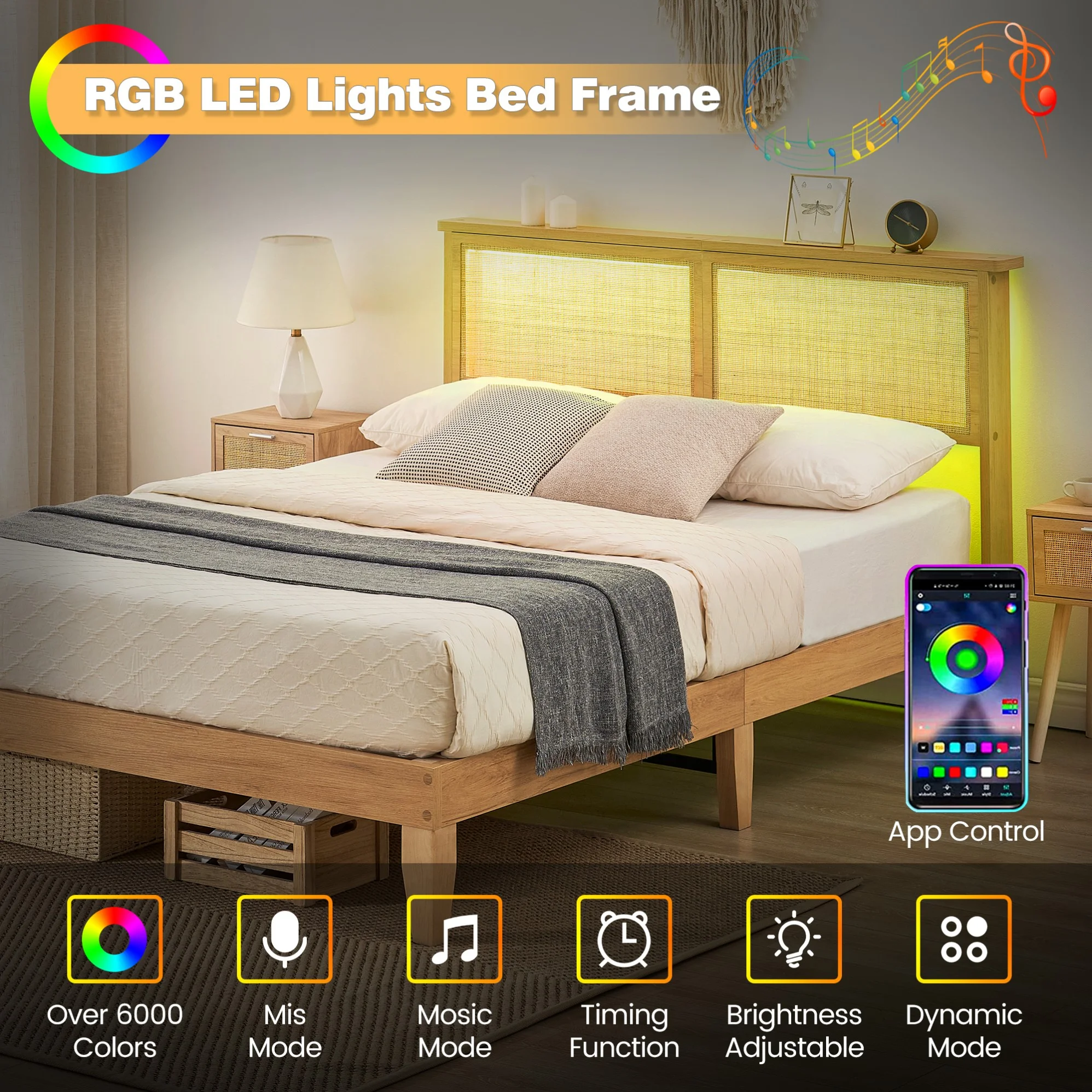 IDEALHOUSE 12.4 Inch Solid Wood Full Bed Frame with Natural Rattan Headboard, Platform Full Size Bed Frame with LED Lights, Mattress Foundation, Noise-Free, No Box Spring Needed, Easy Assembly