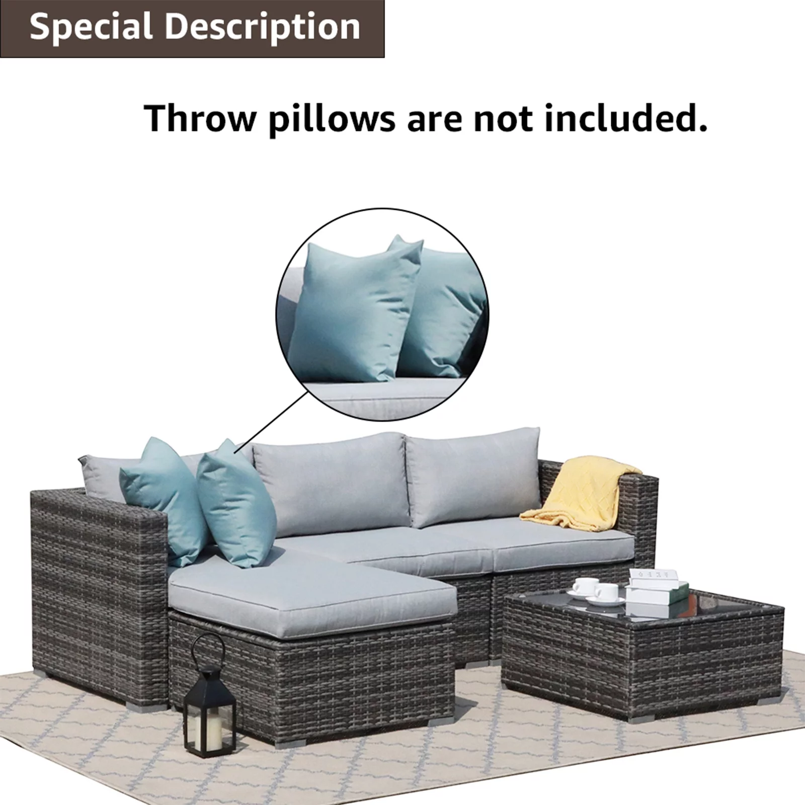 JOIVI 5 Pieces Outdoor Patio Furniture Set, All Weather PE Gray Wicker Rattan Sectional Furniture Set with Coffee Table, Light Gray