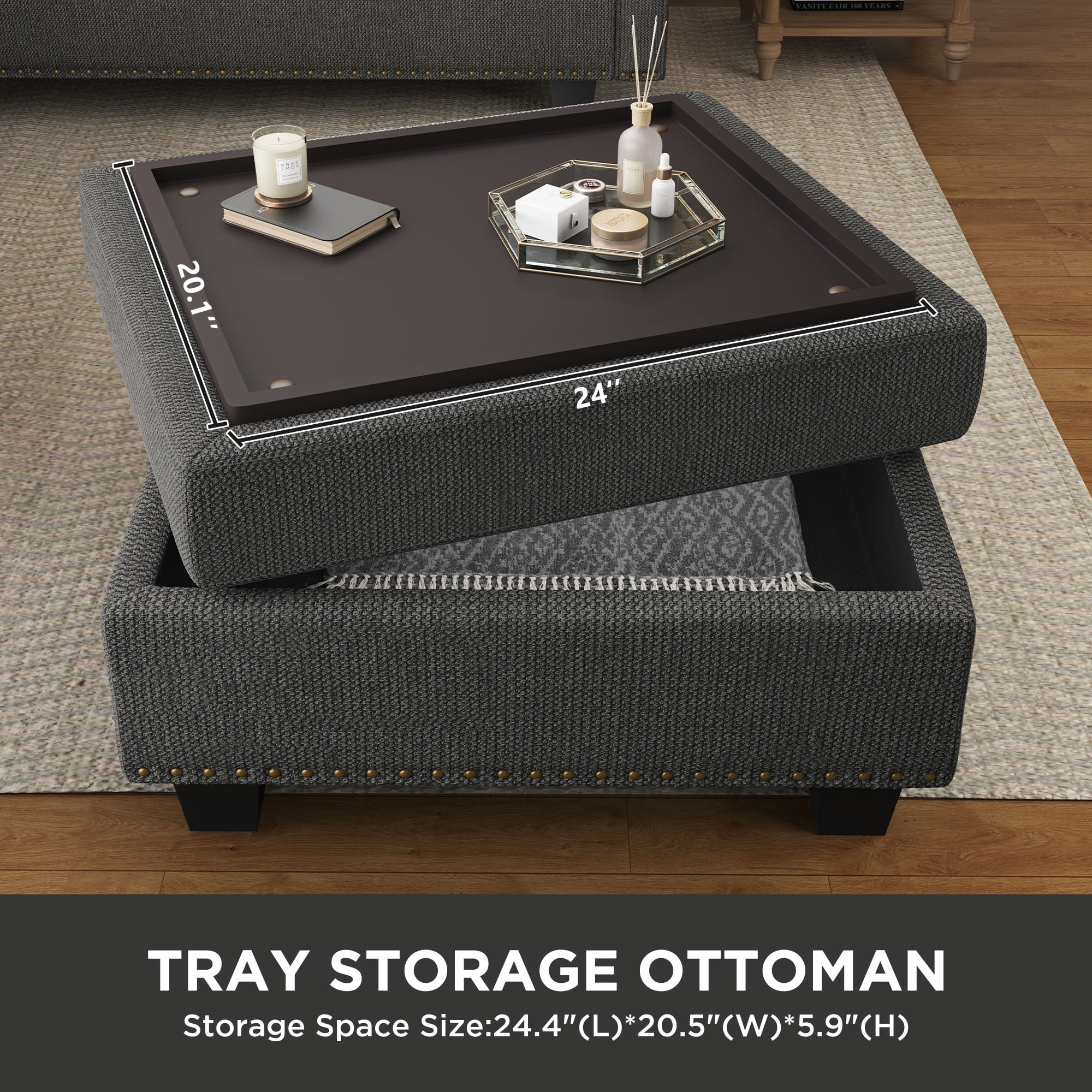 HONBAY Modern Convertible Nailhead Trim Sofa Set with Storage Ottoman, Dark Gray Sofa Set for Living Room